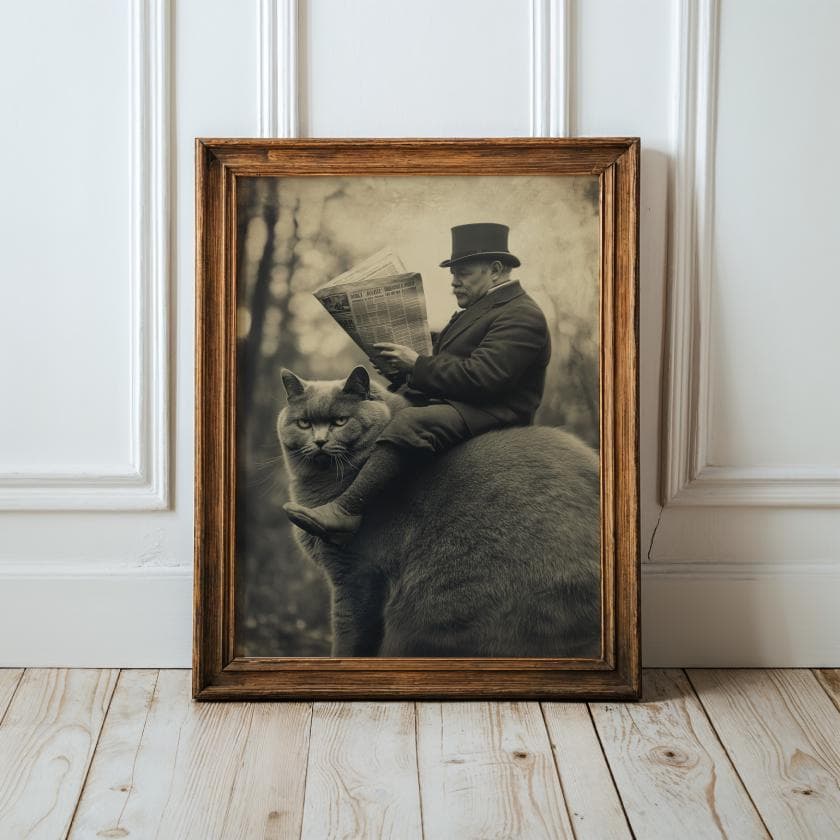 Vintage Cat Wall Art Funny Victorian Man Riding Fat Cat Reading Newspaper, Quirky Vintage Decor, Whimsical Animal Art, Dark Academia Decor