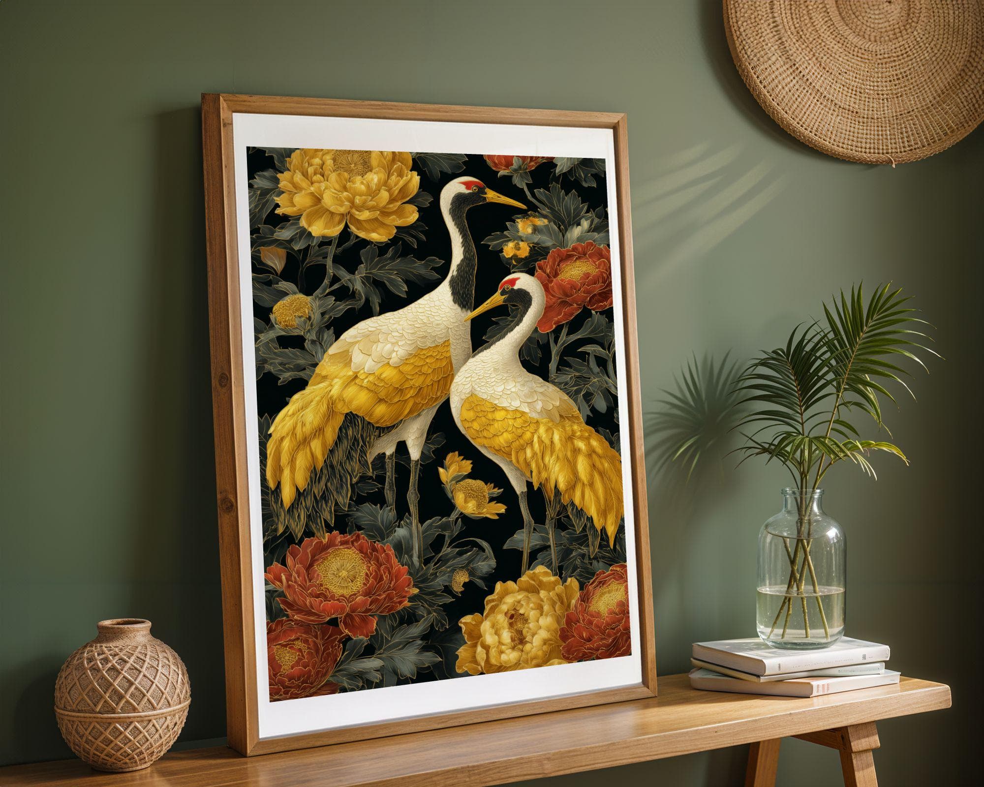 Gold Crane Wall Art Black Floral Painting, Japanese Crane Wall Art, Gold Bird Painting, Oriental Floral Artwork, Asian Decor Print - view 7