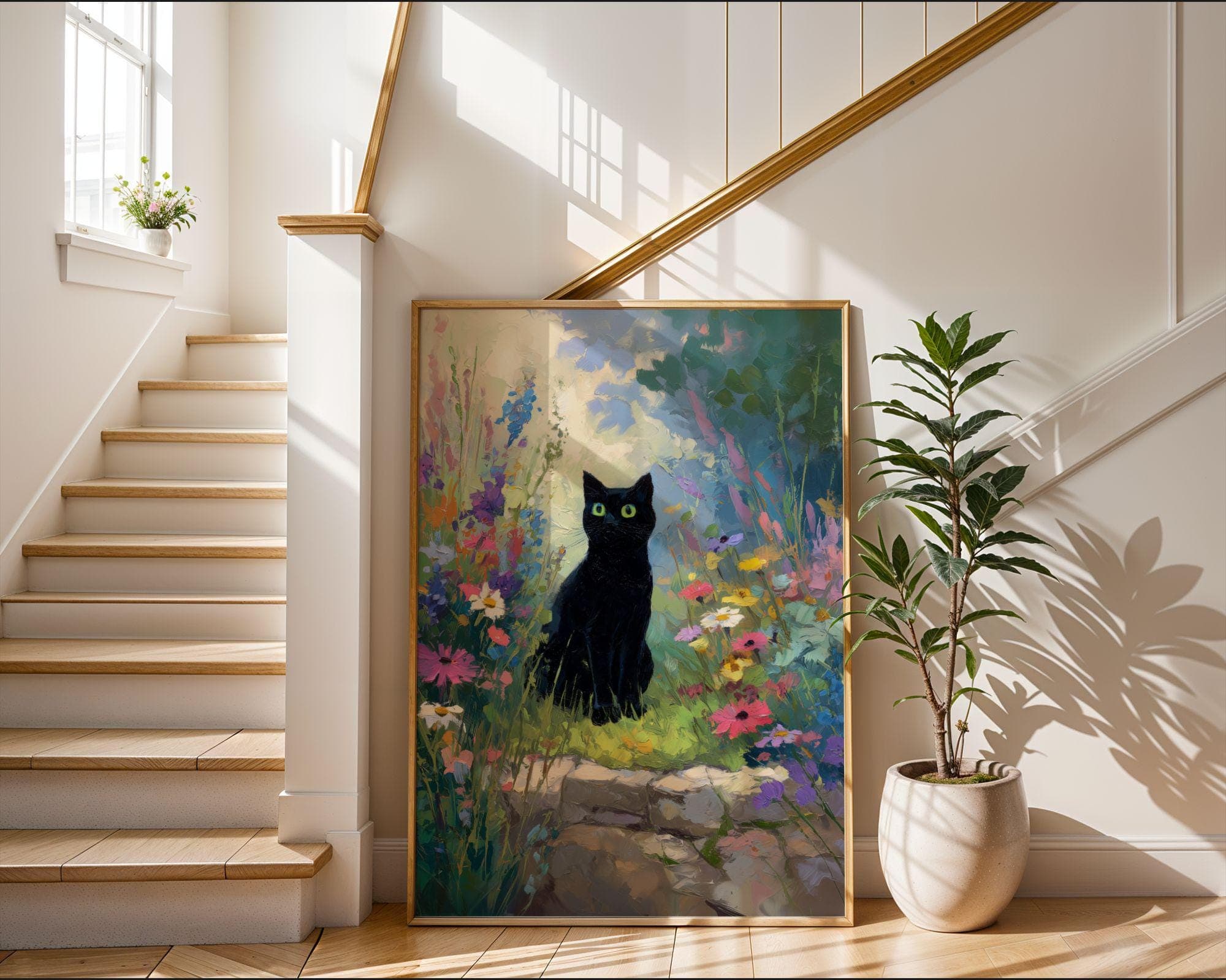 Black Cat in Wildflower Garden Wall Art, Whimsical Black Cat Poster, OilPaint Print, Colorful Floral Decor, Black Cat Aesthetic,Charming Cat - view 4