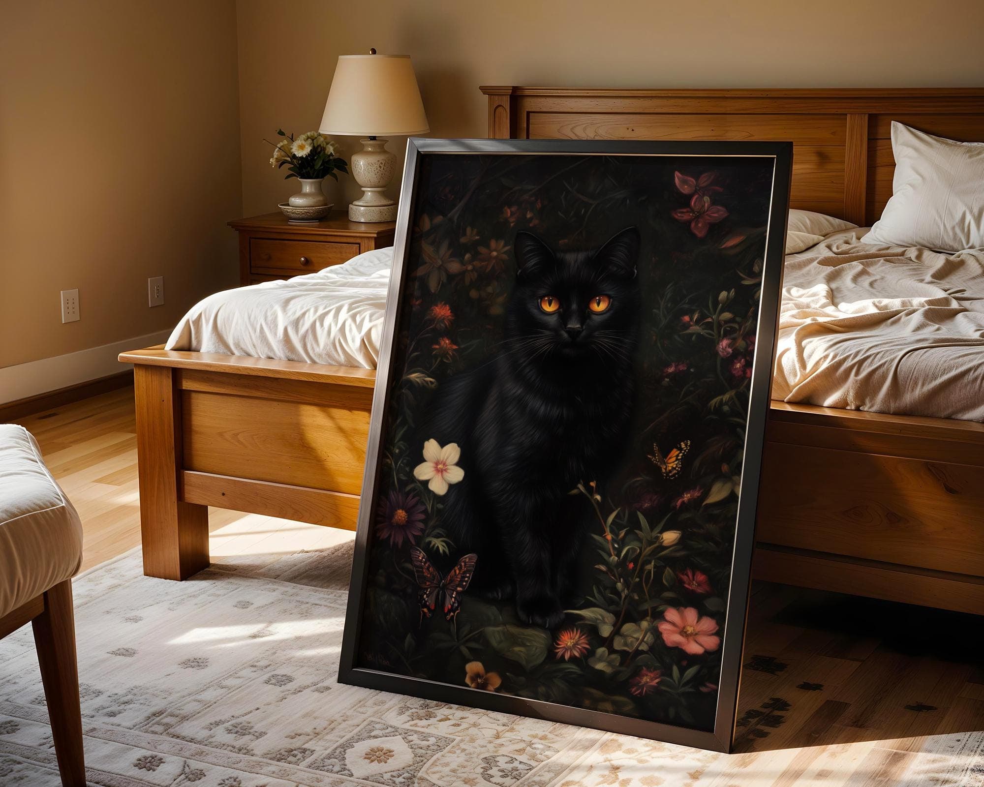 Floral Black Cat Print, Flower Cat Vintage Poster, Dark Academia Printable, Dark Cottagecore Decor, Gothic Oil Painting, Whimsical Black Cat - view 6