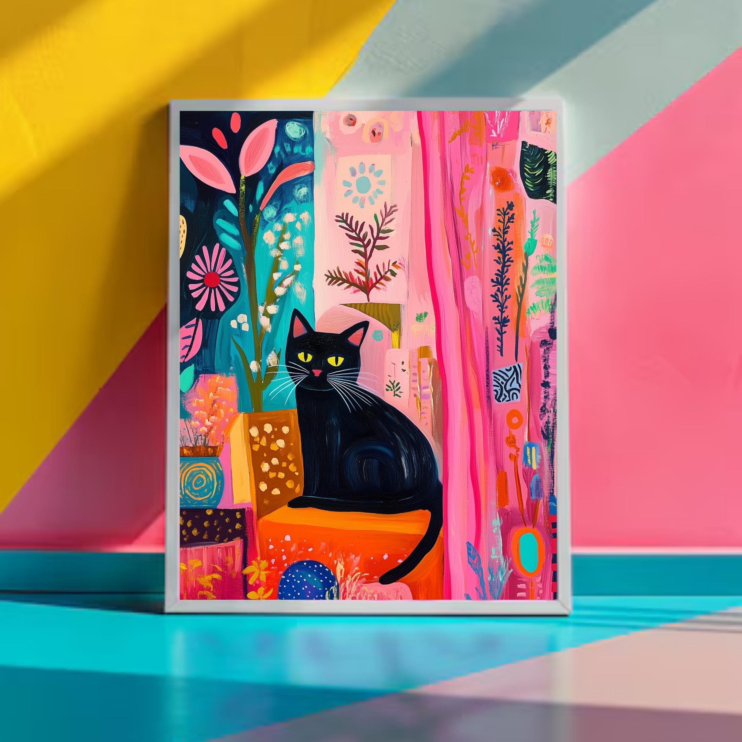 Black Cat with Bright Florals Poster,  Pink and Teal Art Print, Colorful Black Cat Art, Preppy Room Decor, Abstract Black Cat Poster - view 3