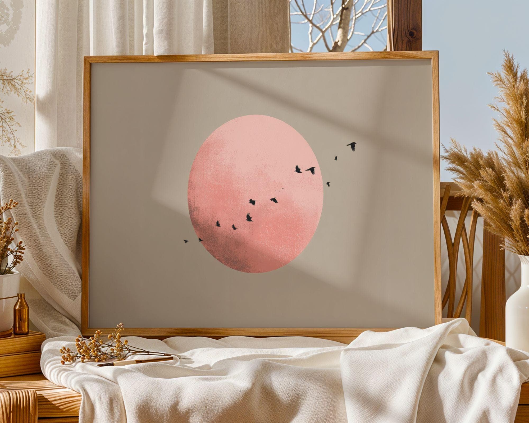 Flying Birds Across Pink Sun Poster, Japandi Wall Art Print, Flying Birds Art, Minimalist Landscape Art, Pink Moon Decor, Scandinavian Print - view 4