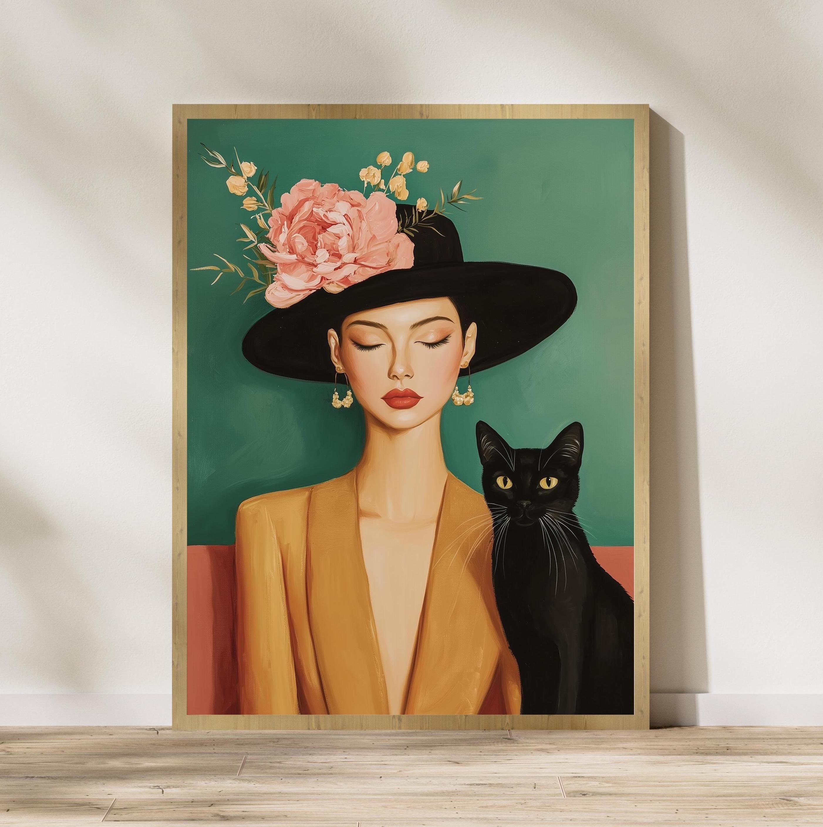 Chic Female Portrait with Cat Art, Artistic Lady and Cat Print, Black Cat with Woman Illustration, Chic Modern Artwork, Stylish Digital Art