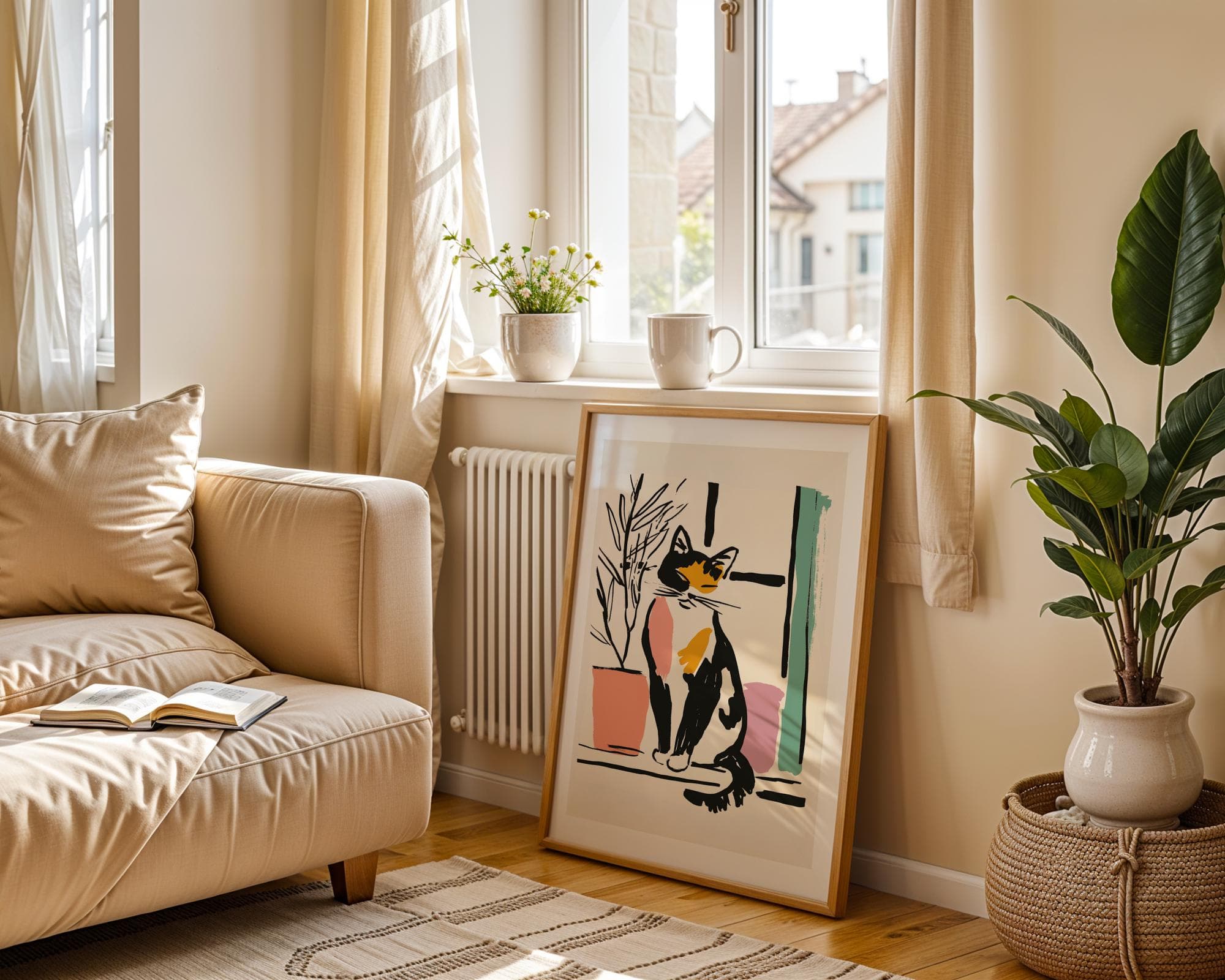Calico Kitty in Window Art Print, Modern Calico Cat Poster, Line Art Cat Print, Colorful Cat Line Art, Minimal Boho Cat Wall Art, Cat Poster - view 5
