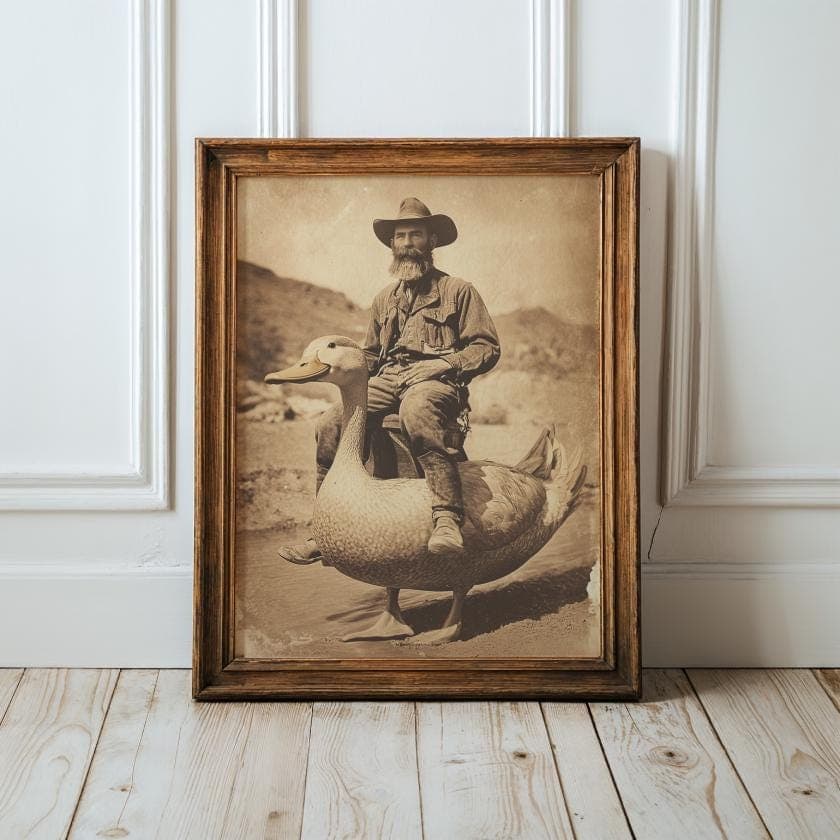 Rustic Duck Rider Print – Western Fantasy Wall Art, Whimsical Rustic Wall Art, Funny Duck Print, Digital Download, Quirky Western Wall Art