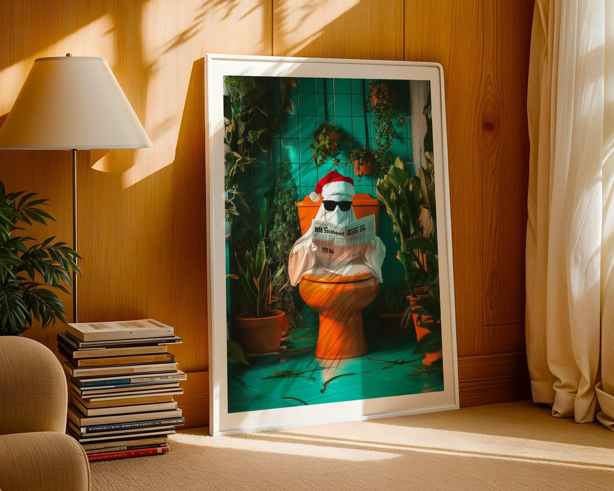 Funny Ghost Bathroom Art, Funny Ghost on Toilet, Funny Bathroom Decor, Retro Orange Toilet Art - Funky Bathroom Decor, Quirky Toilet Print - view 2
