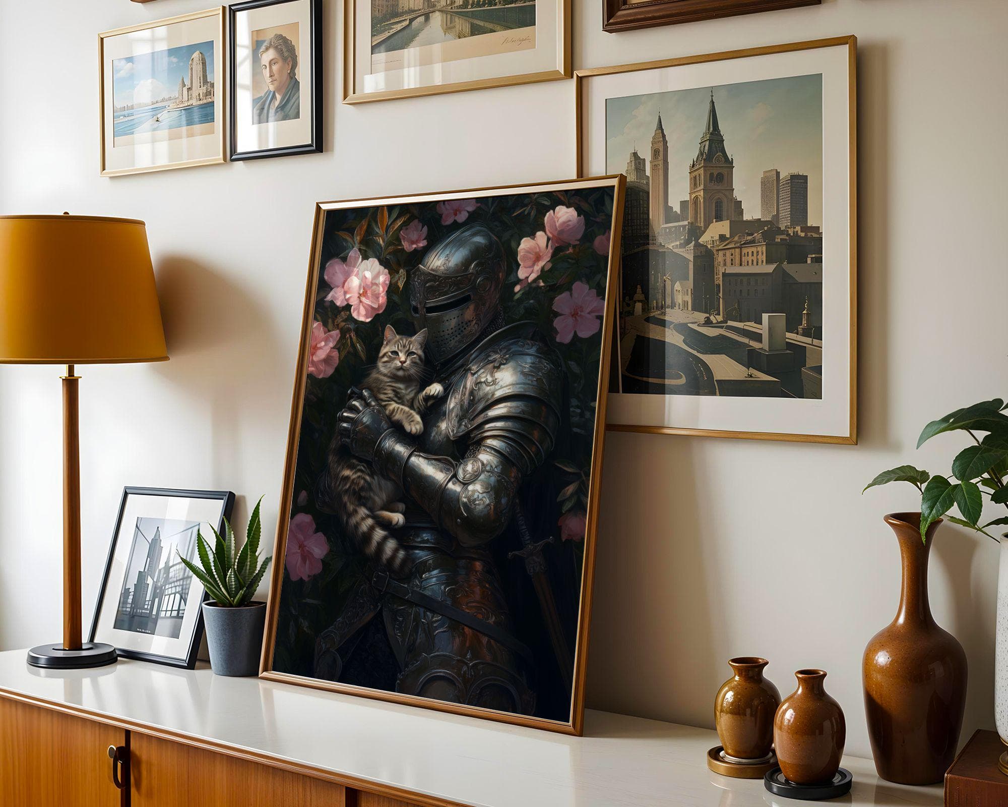 Medieval Knight and Tabby Cat Painting, Medieval Fantasy Painting, Fantasy Art, Whimsical Cat Decor, Digital, Maximalist, Floral Art Decor - view 2