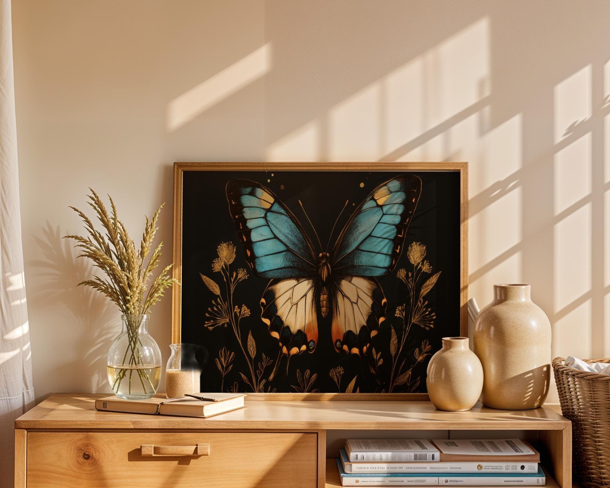 Blue Butterfly Botanical Wall Art Print – Vintage Insect, moody moth wall decor, butterfly printable, boho floral woodland moth cottagecore - view 5