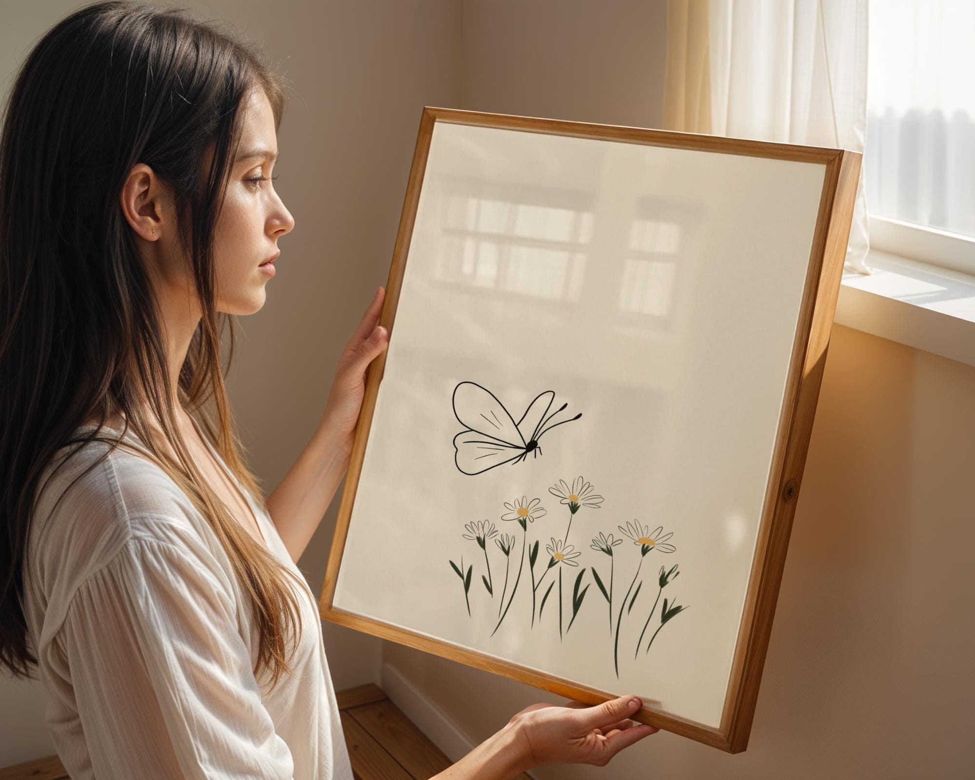 Minimalist Butterfly Wall Art, Scandinavian Nature Print, Soft Beige Wall Art, Line Drawing Butterfly Print, Beige Floral Wall Art - view 4