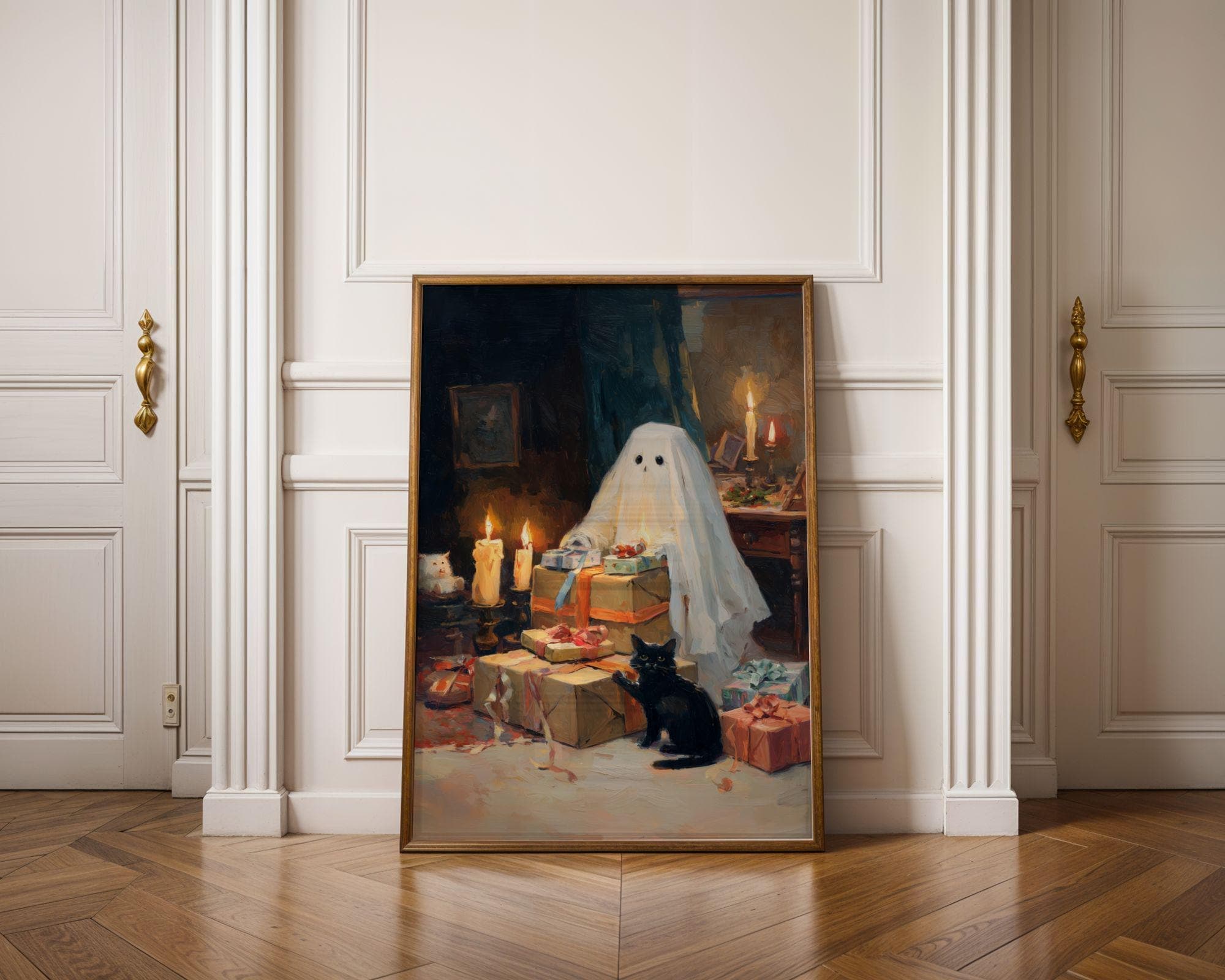 Ghost Christmas Art Print, Spooky Christmas Ghost and Black Cat Wall Art Print, Vintage Ghost Christmas, Christmas Ghost Painting, Black Cat
