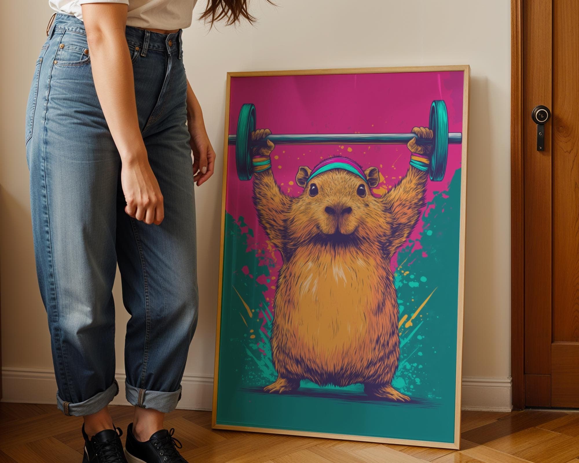 Capybara Print, Funny Capybara Art Print, Digital Download, 80s Aesthetic Capybara Wall Print,Colorful Capybara Poster,Gym Motivation Poster - view 5