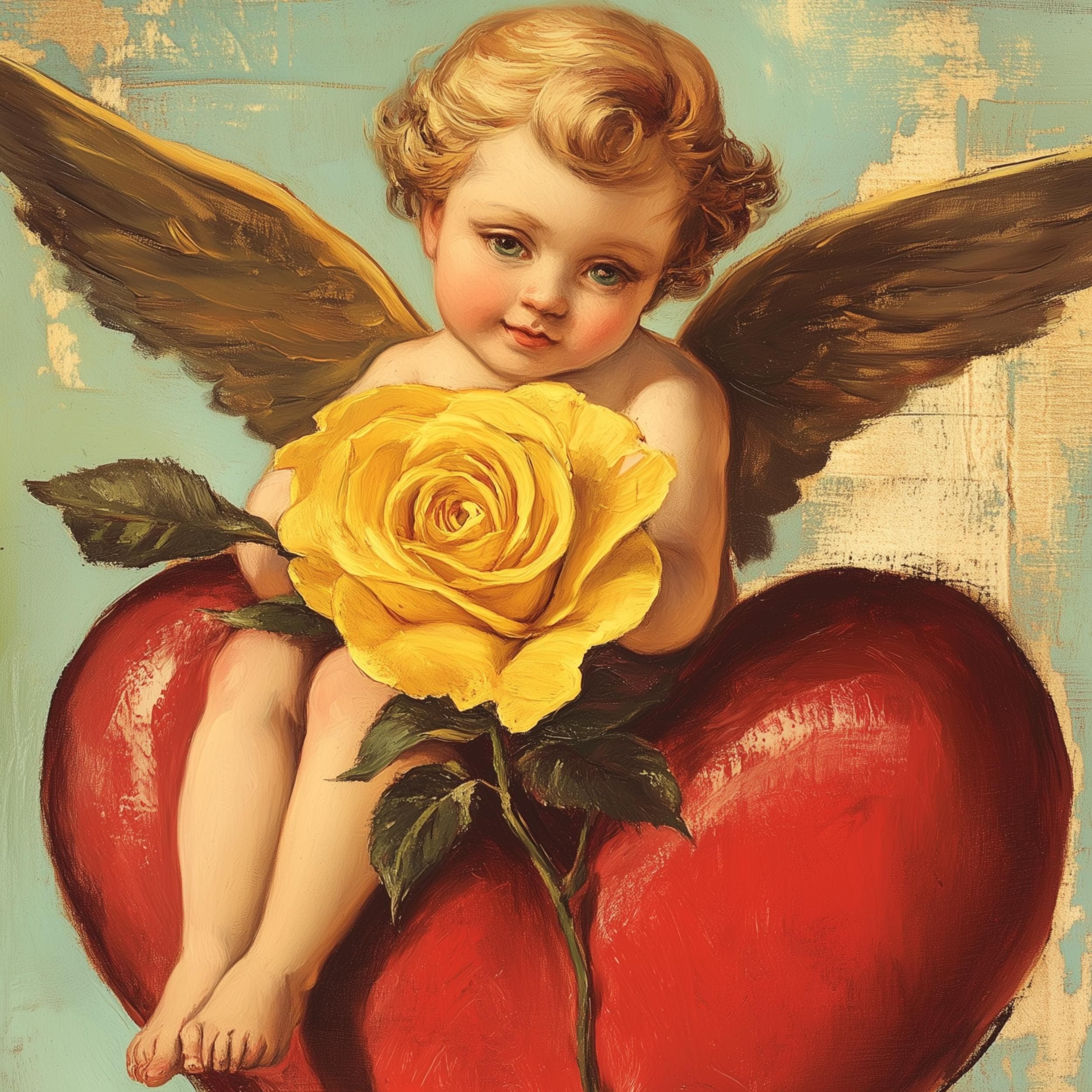 Romantic Angel Digital Print, Yellow Rose and Angel Art, Vintage Cherub Art Print, Valentine's Day Wall Decor, Coquette Room Decor, Digital - view 2