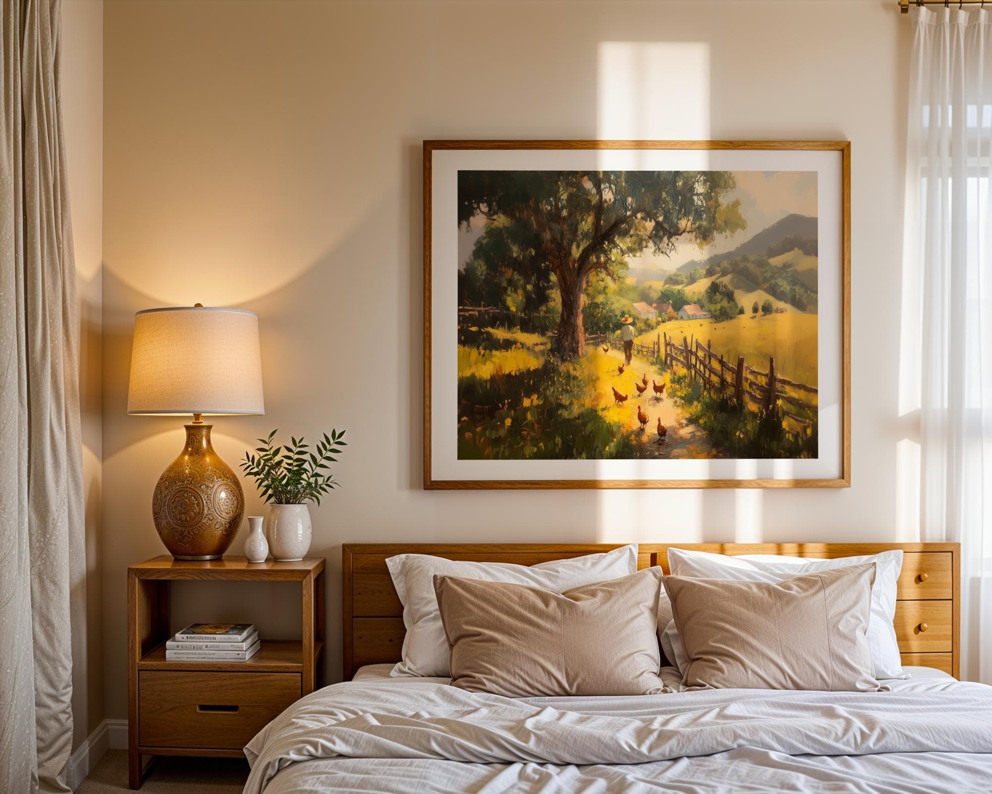Rustic Farm Landscape Wall Art, Chicken Coop Country Path Painting, Vintage Farmhouse Decor Print with Barns and Golden Fields - view 7