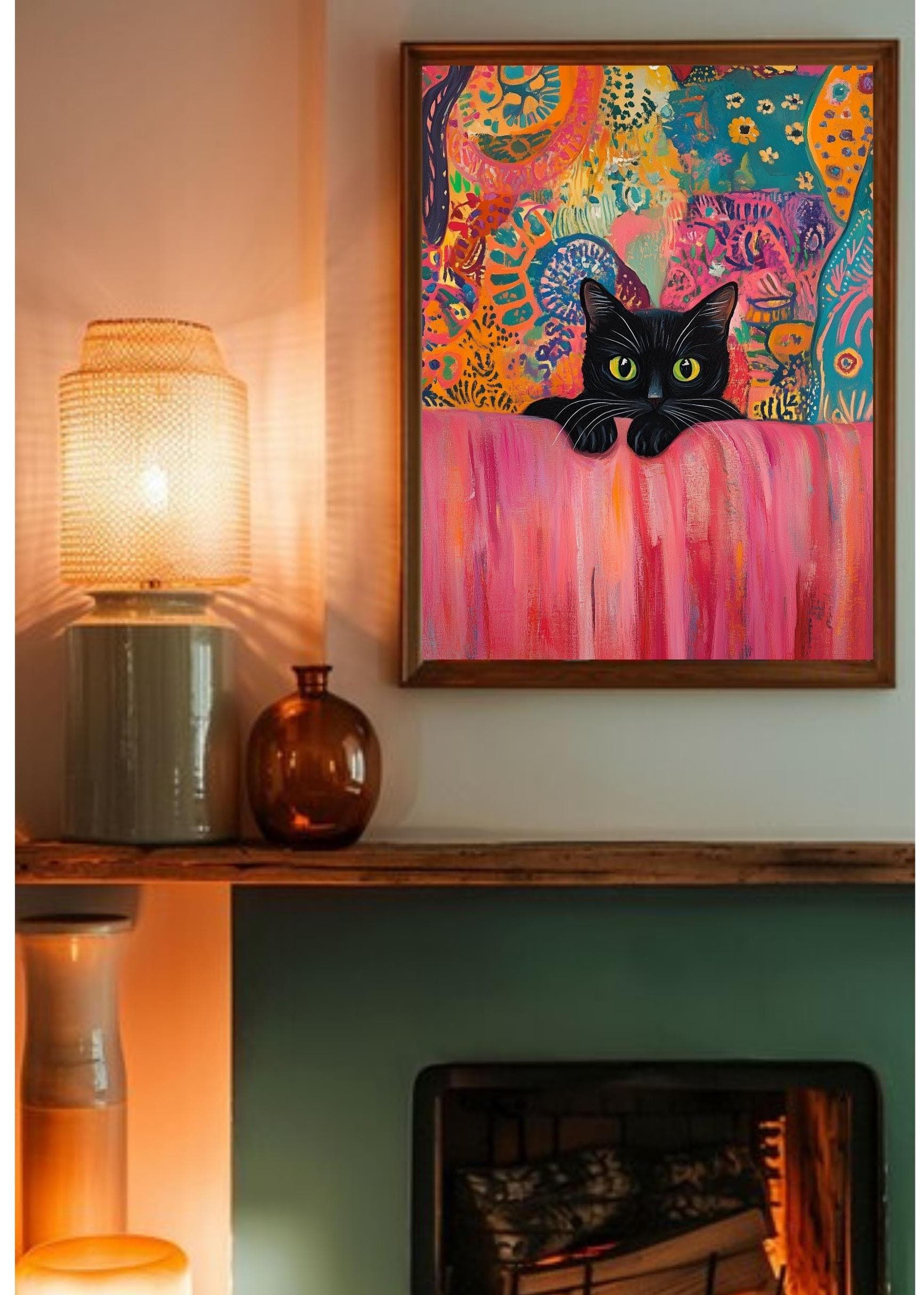 Black Cat Art Print, Pink Couch, Colorful Abstract, Matisse Style (Digital Download) - view 5