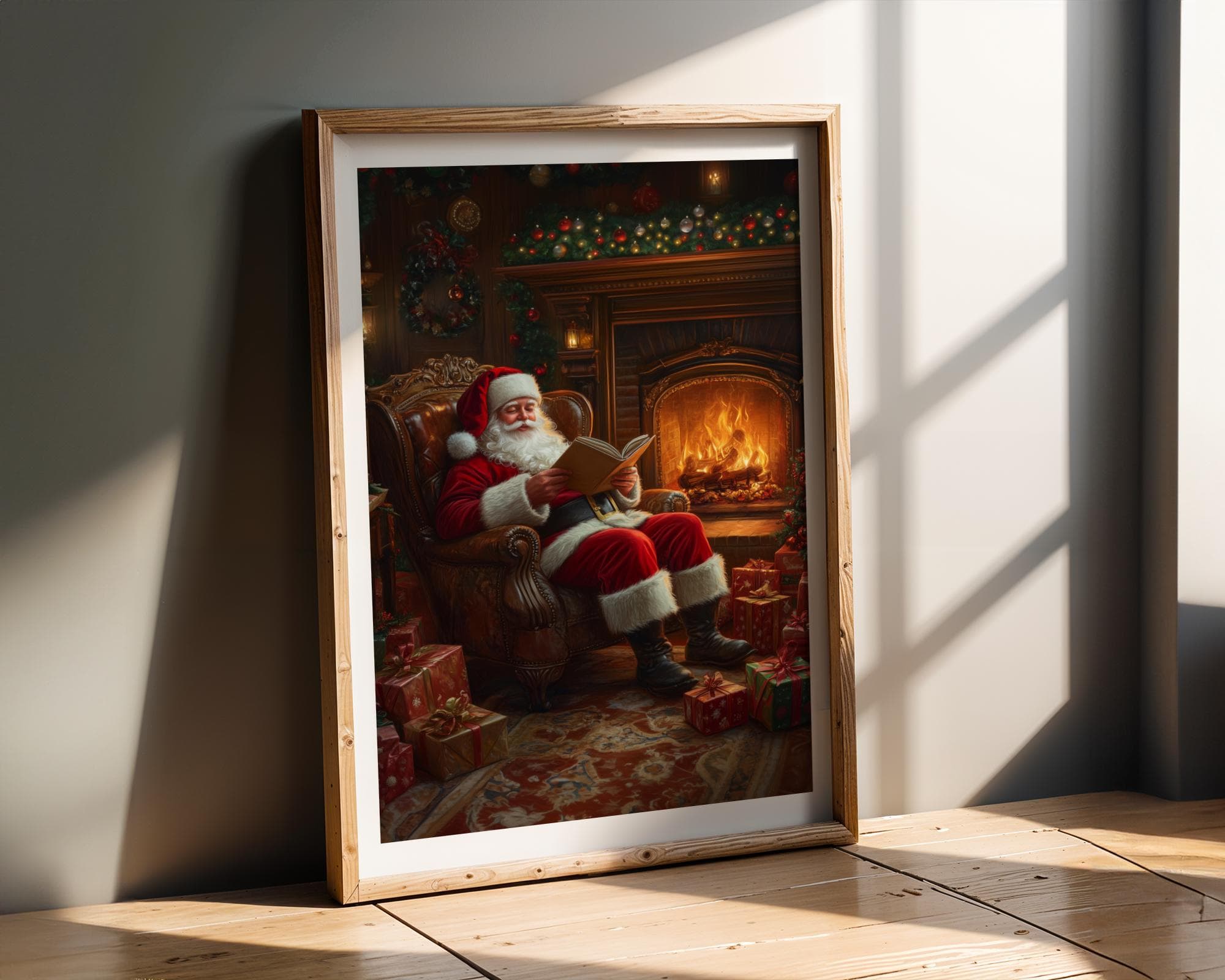 Santa Claus Reading in Cozy Living Room Print, Cozy Christmas Decor, Christmas Wall Art, Rustic Santa Christmas Print, Digital Download - view 7