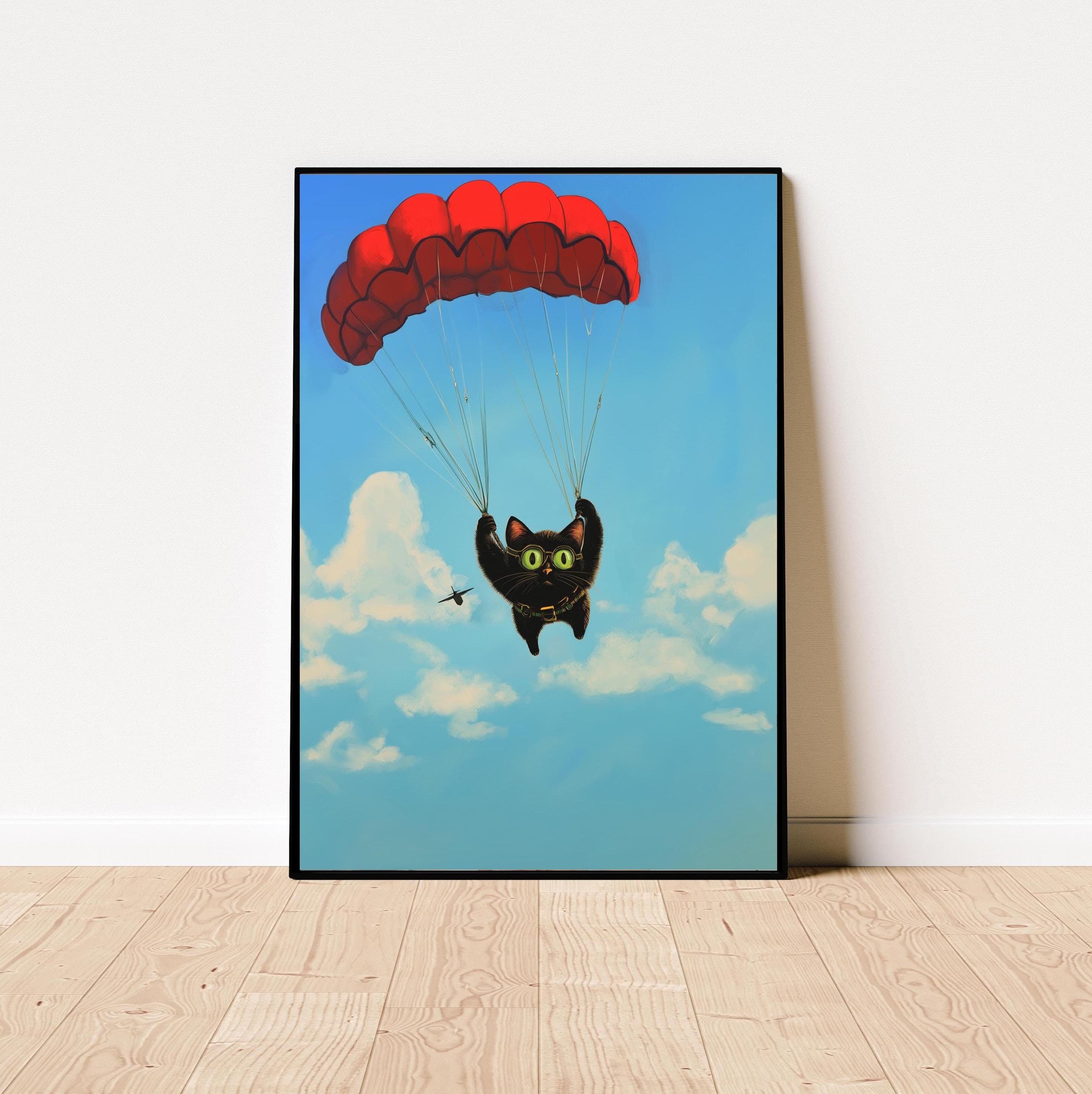 Black Cat Parachuting Art Print, Whimsical Black Cat Decor, Matisse Style, Digital Art Print, Colorful Black Cat Art, Oil Painting Black Cat