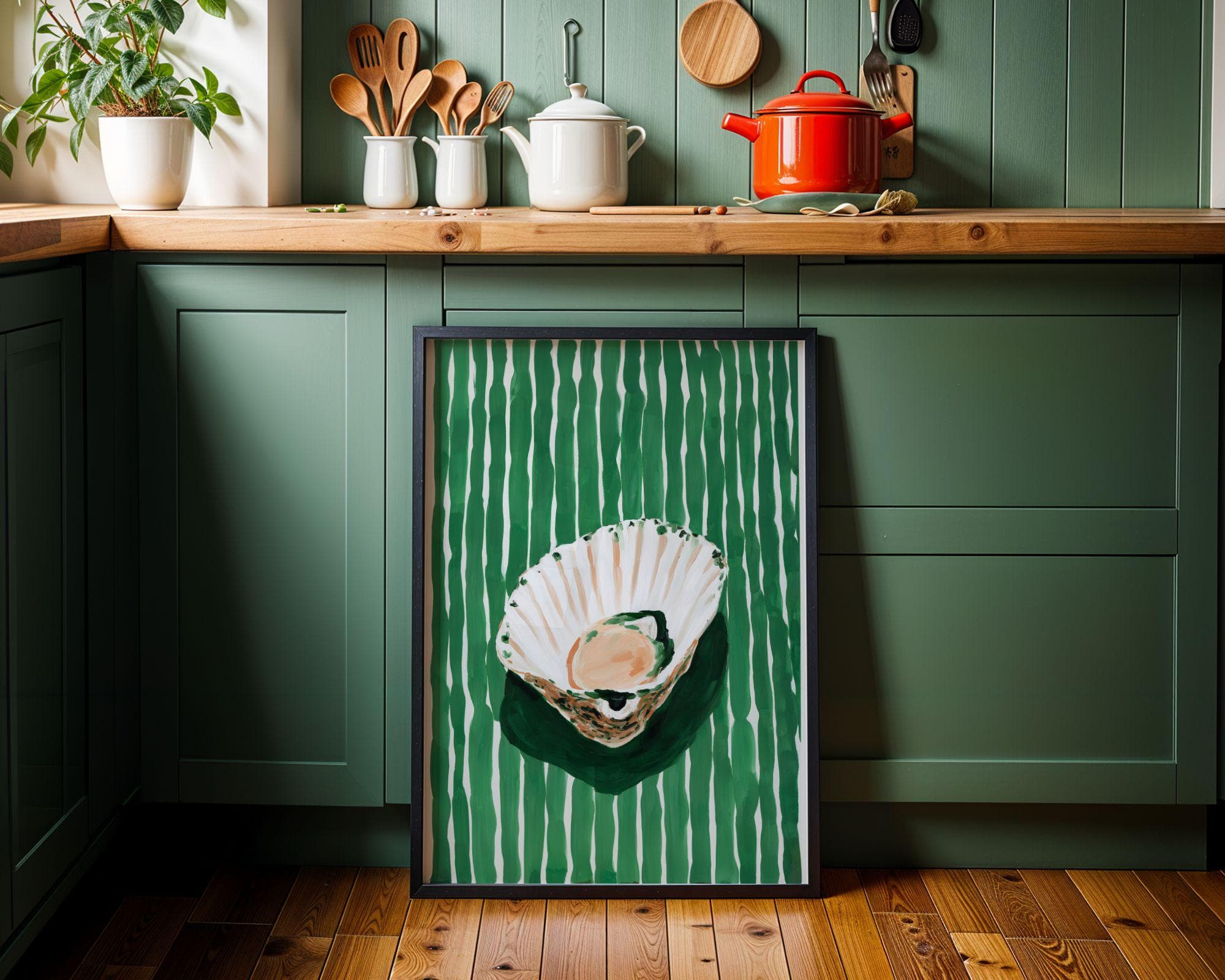 Green Striped Shell Printable | Dopamine Decor Coastal Art | Eclectic Wall Print Instant Download - view 4