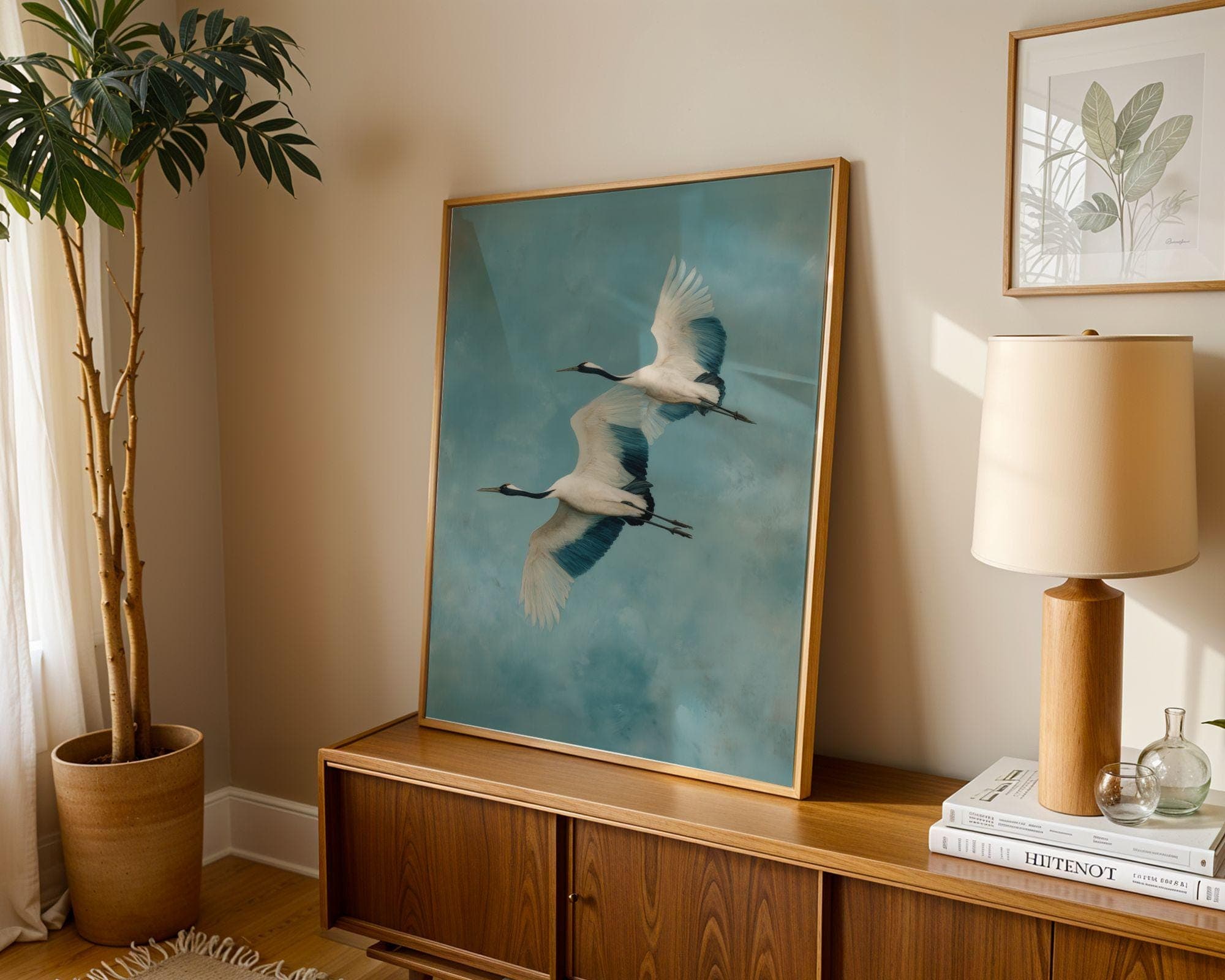 Japandi Crane Wall Art, Wabi-Sabi Decor | Twin Cranes in Flight, Calm Blues Print, Japandi Home Decor, Calming Wall Art, Digital Download - view 6