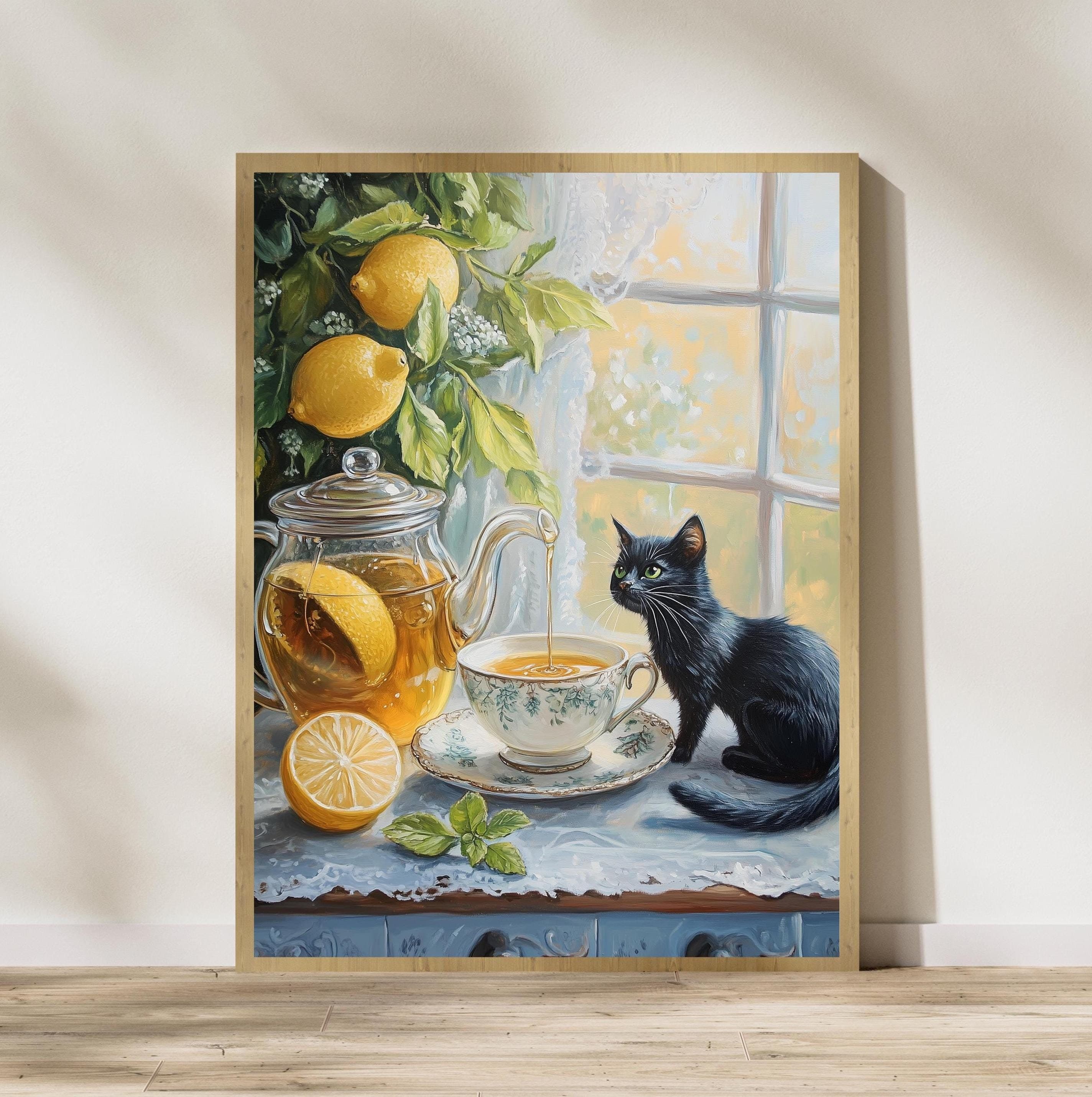 Black cat and lemon still life painting, Whimsical still life painting, Cozy kitchen art, Kitchen wall print, Vintage teacup painting