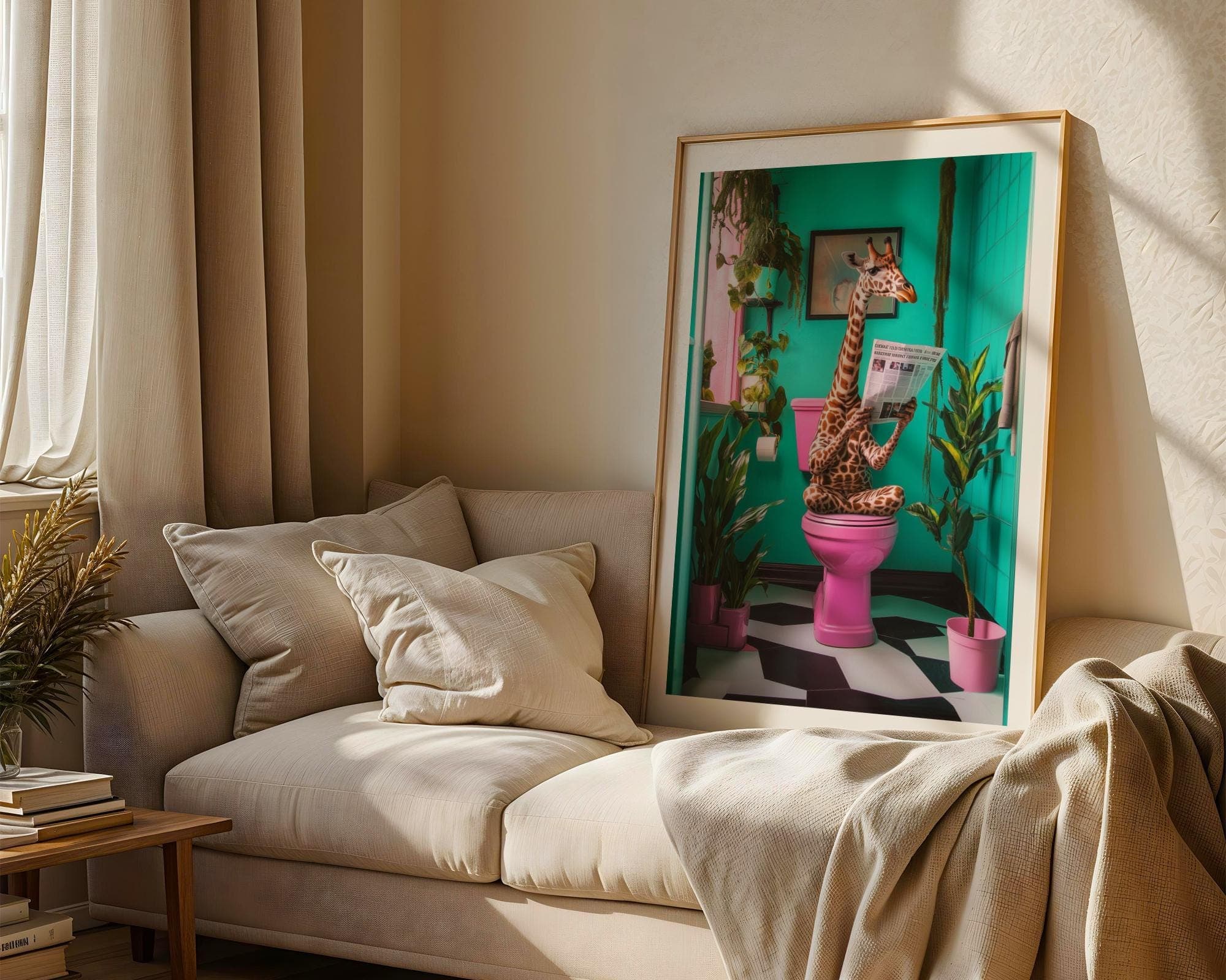 Funny Giraffe Bathroom Art Giraffe on toilet Funny Bathroom Decor, Printable Digital Download, Funky Pink Toilet Art, Quirky Animal Art - view 2