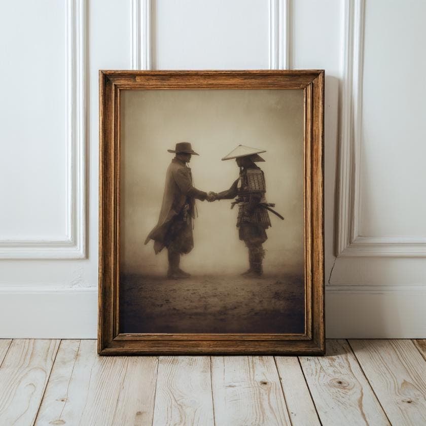 Epic Cowboy and Samurai Poster – Vintage Sepia Tone Art Print, East Meets West Poster, Cowboy and Samurai Peace Deal, Cowboy and Samurai Art