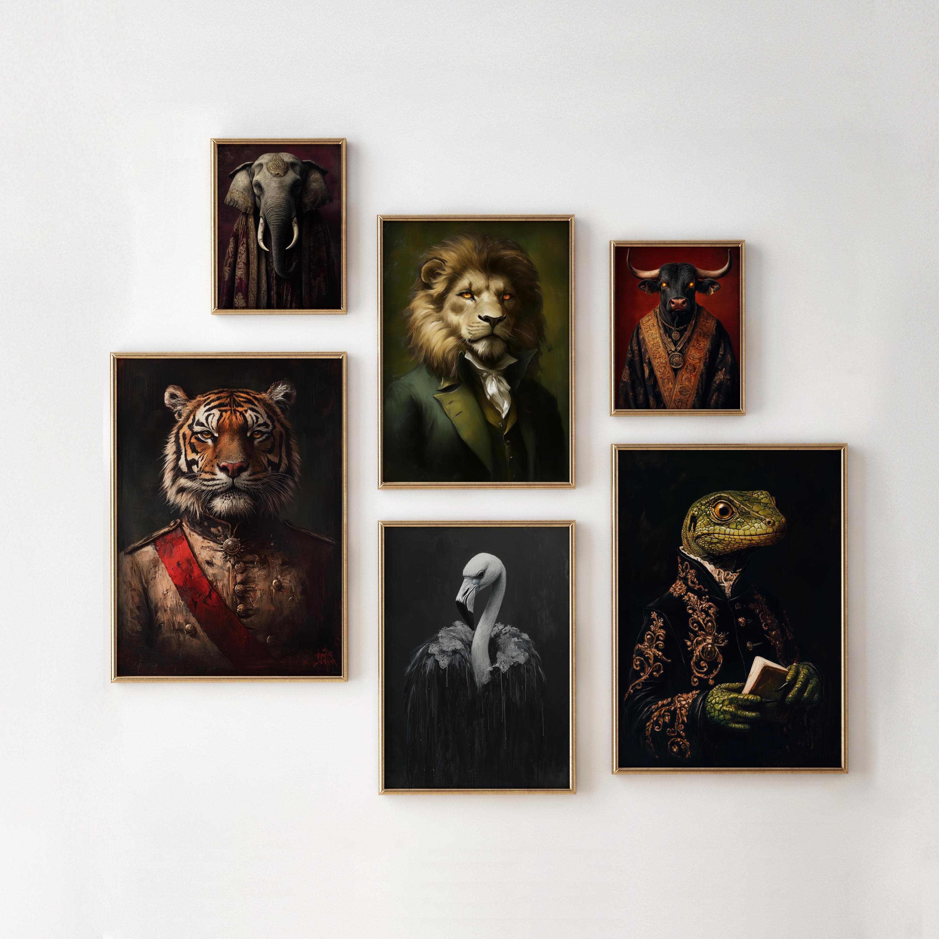 Victorian Animal Portrait Set, Anthropomorphic Animal Gallery Wall Art, Regal Vintage Portrait Set, Funky Fashion Animal Print Set, Digital