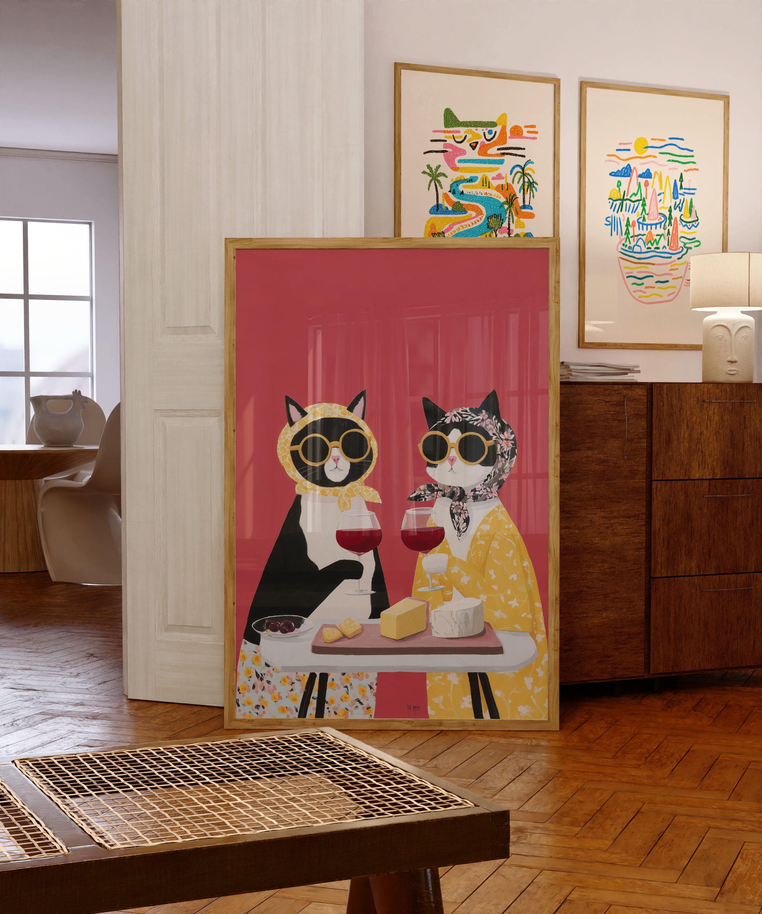 Funny Cat Couple Wine Wall Art, Quirky Cats Kitchen Decor, Pop Art Cat Couple Print