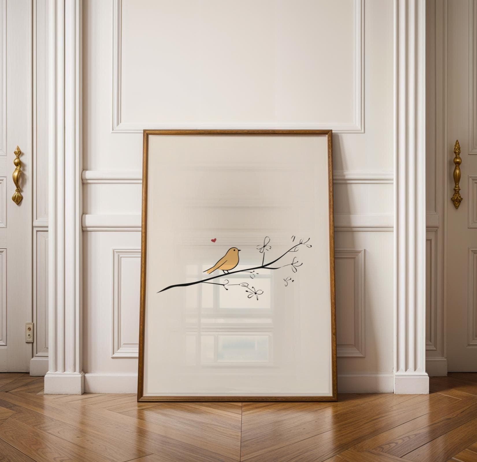 Minimalist Bird Wall Art, Scandinavian Yellow Bird Art, Yellow Bird Line Art, Soft Scandinavian Decor Print, Delicate Bird Poster