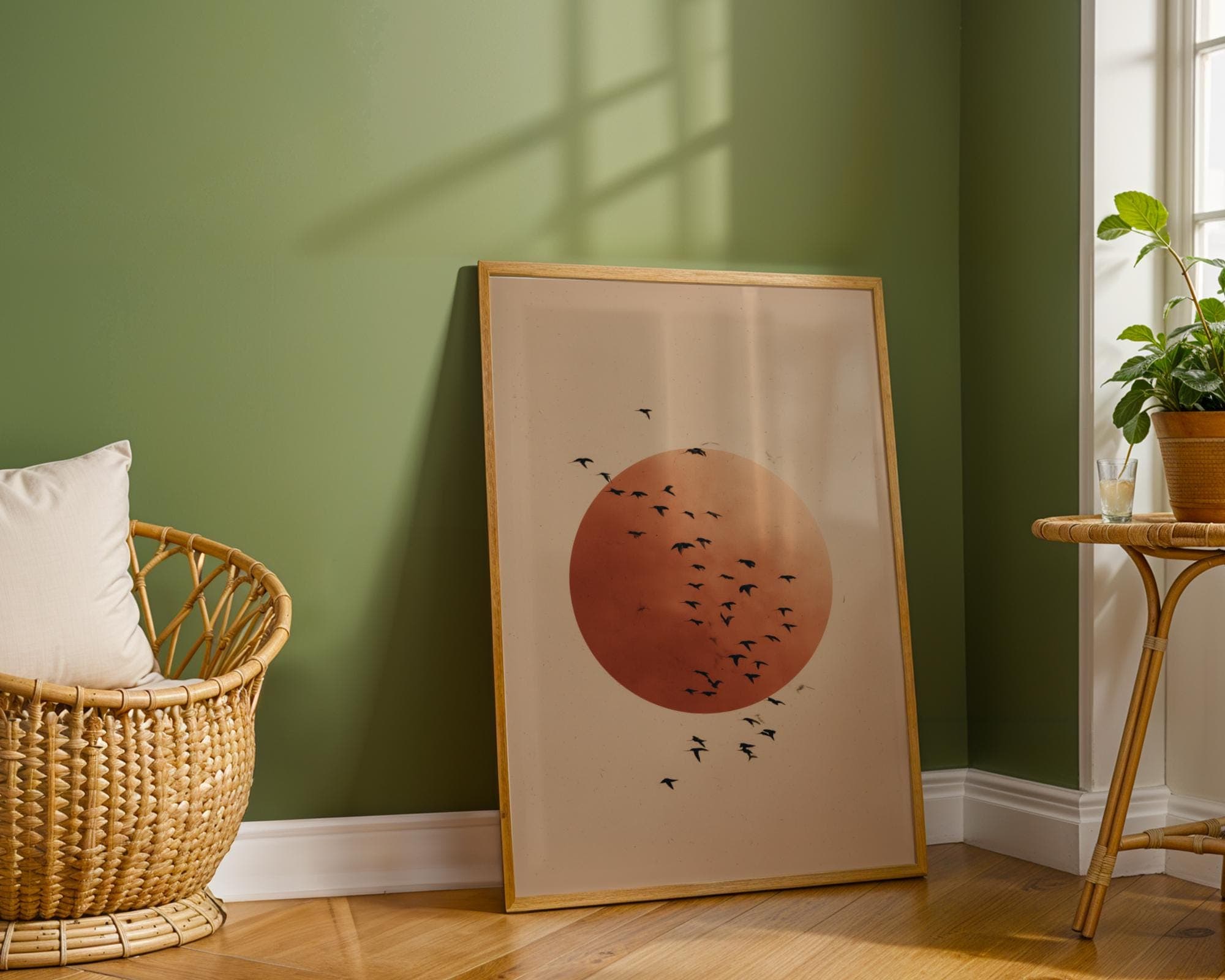 Japandi Minimalist Wall Art | Beige Sun and Flying Birds Print | Modern Zen Nature Poster, Printable Wall Art, Scandinavian Minimalist Print - view 6