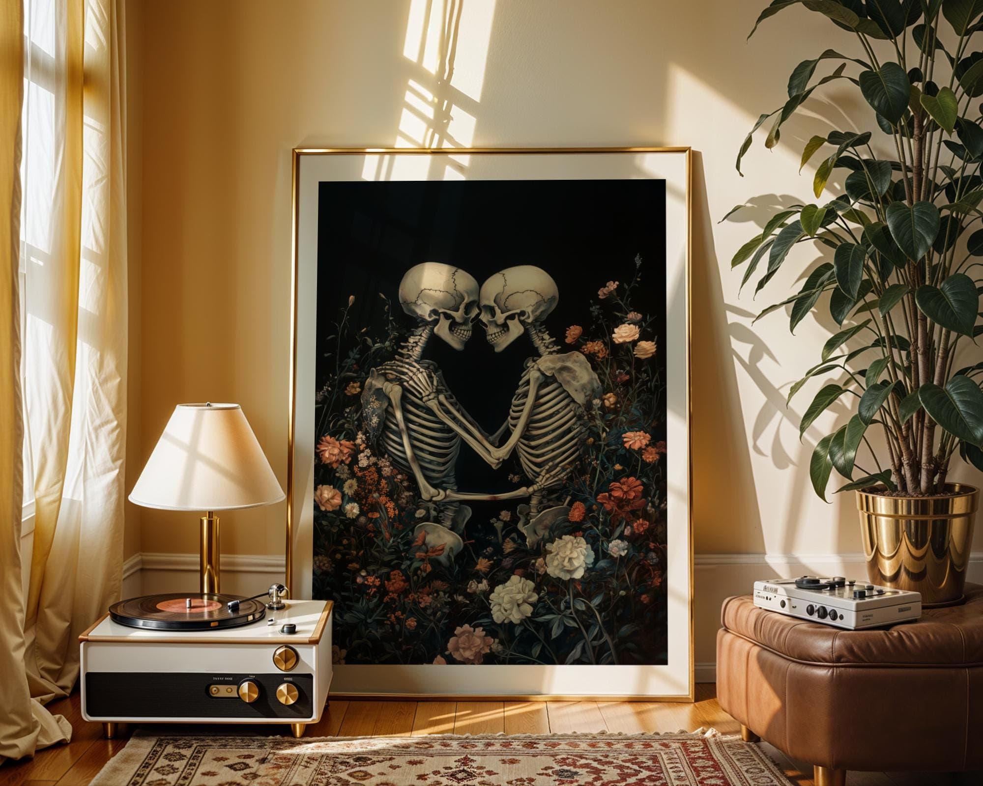 Floral Skeleton Embrace Print – Gothic Love Wall Art, Skeleton Couple Wall Art, Vintage Floral Gothic Romance Print, Floral Skeleton Poster - view 3