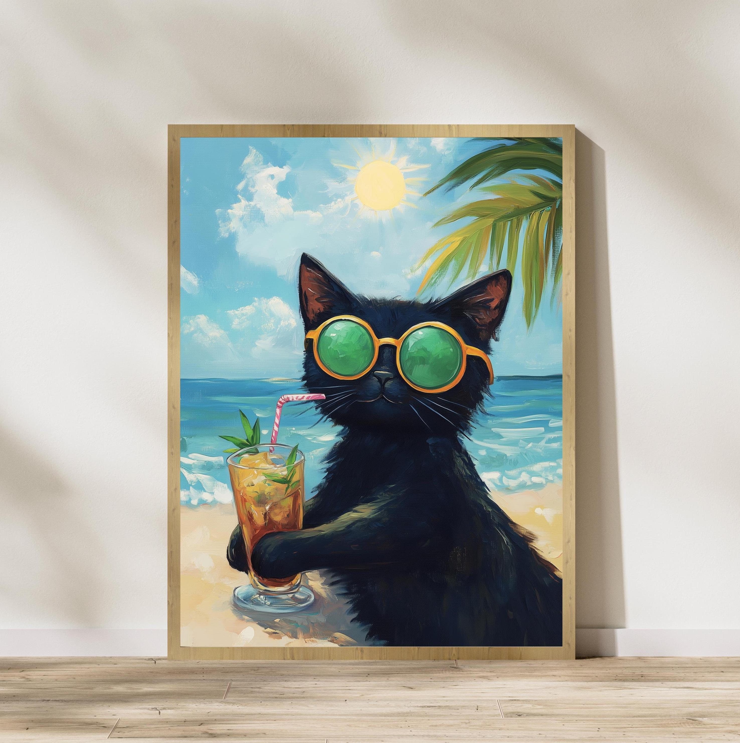 Sunbathing Cat Art Print, Black Cat Digital Poster, Black Cat Oil Painting, Summer Vibes Art Print, Matisse Cat Print, Summer Beach Cat Art