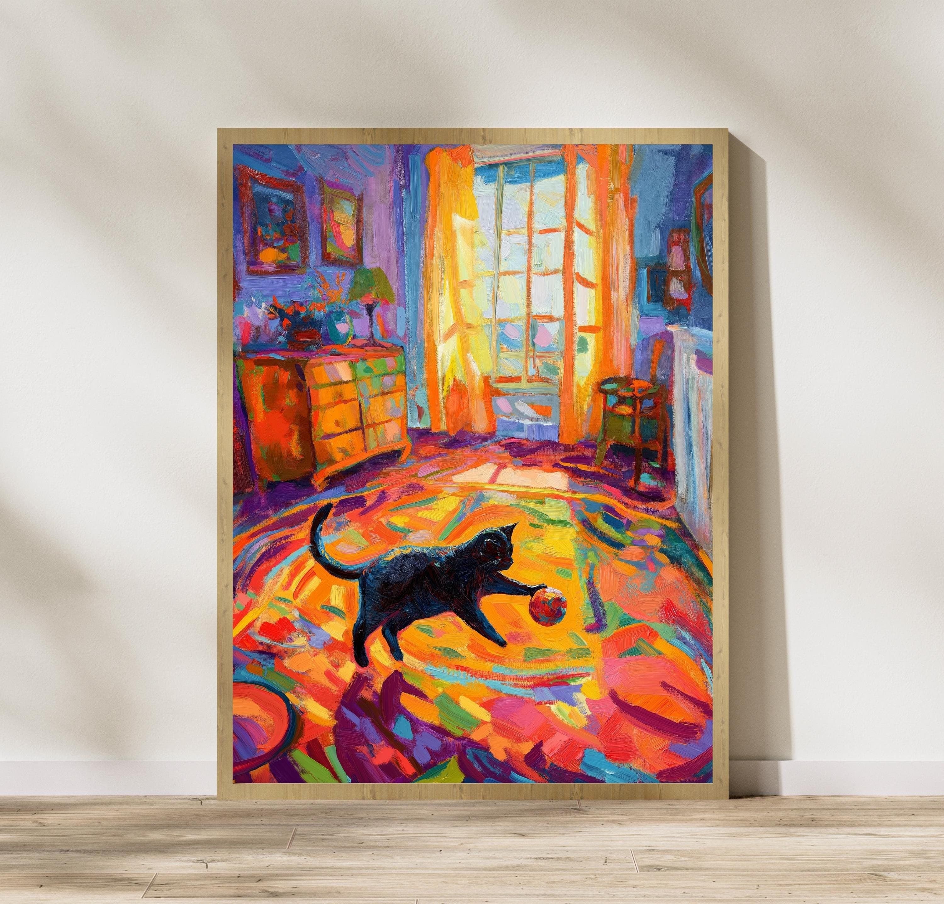 Whimsical Black Cat with Ball, Abstract Art Print, Colorful Painting, Trendy Cute Apartment Decor, Maximalist Black Cat Wall Art, Cat Poster