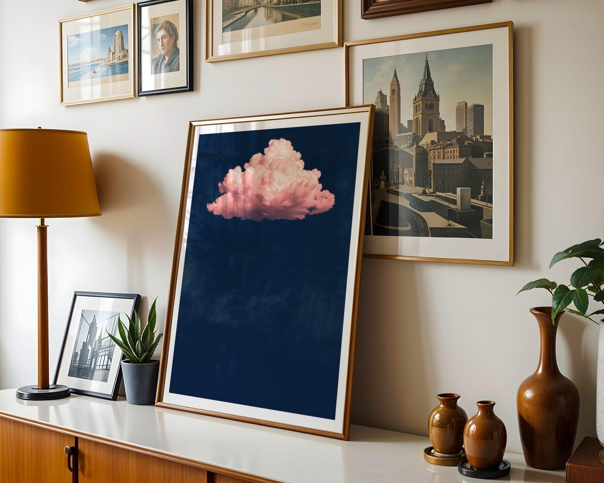 Pink Cloud on Navy, Minimal Wall Art Print, Pastel Cloud Aesthetic, Pink Cloud Wall Art, Minimalist Wall Art, Maximalist Art, Digitalprints - view 5