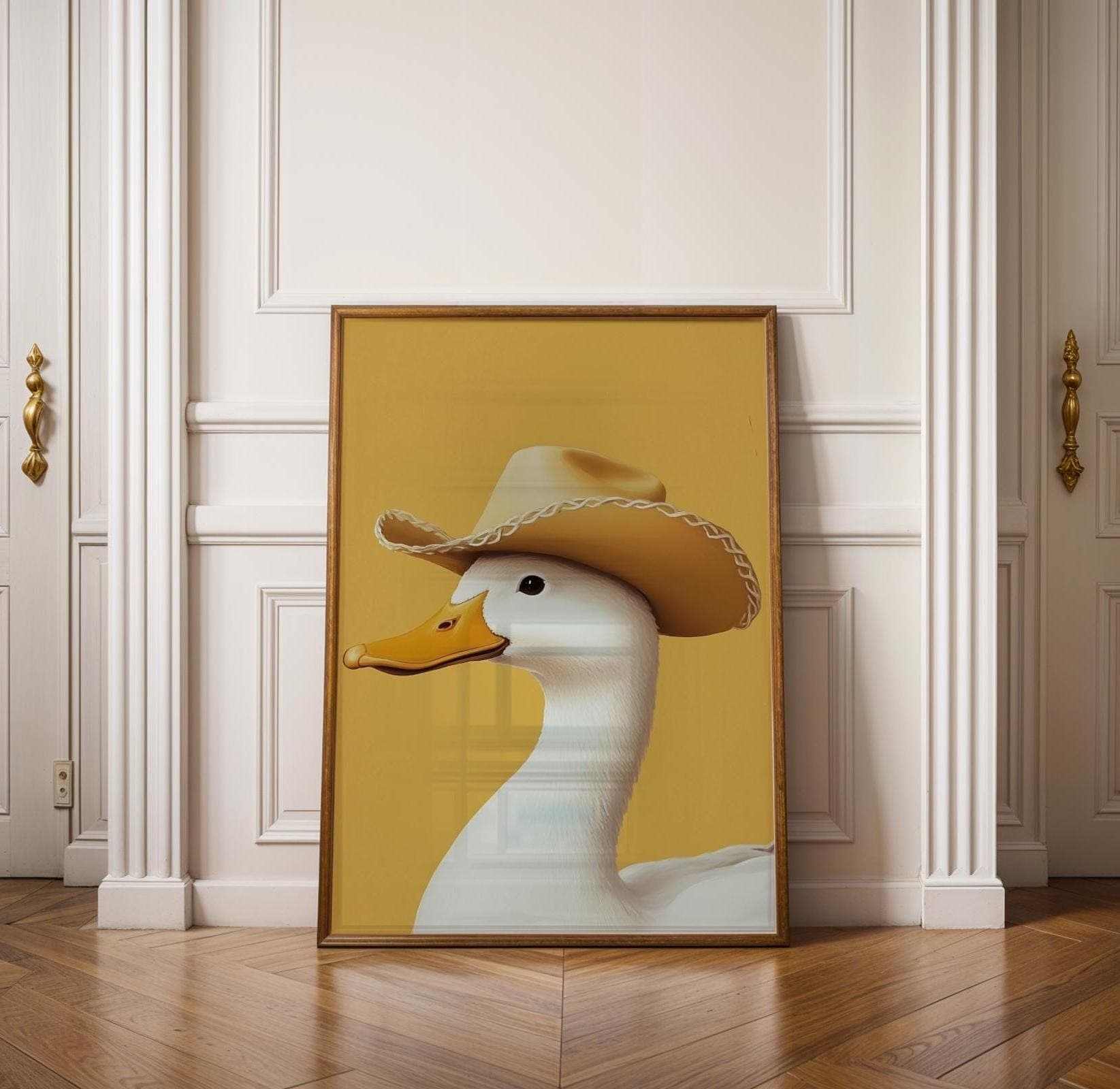 Silly Cowboy Goose Print, Yellow Western Nursery Printable Art, Neutral Southeastern Boy Room Animal Wall art, Cowboy hat, Digital Download