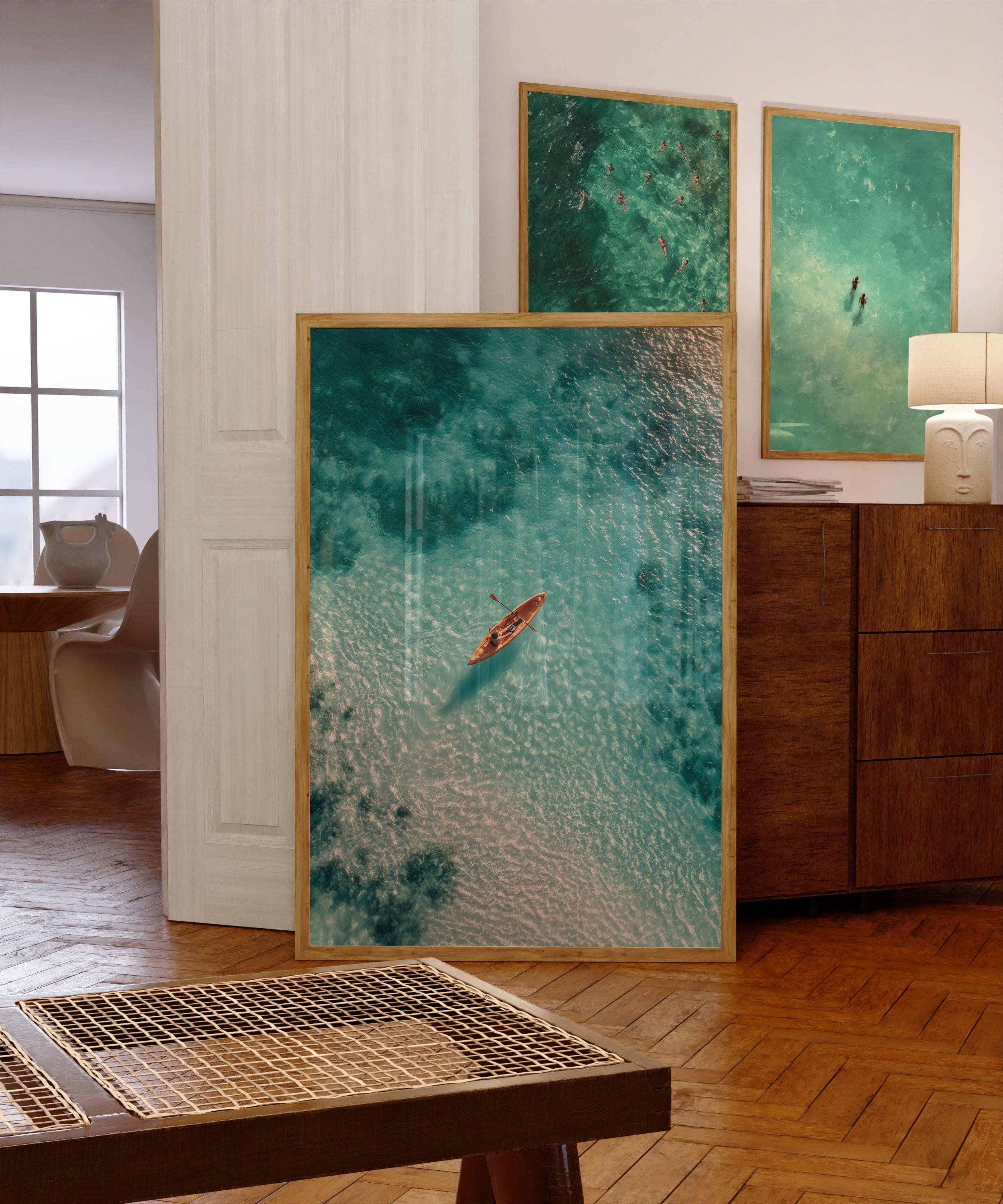 Aerial Ocean Print, Aerial Coastal Wall Print, Turquoise Beach Aerial Art – Kayaker Wall Print, Digital Download, Minimal Coastal Print