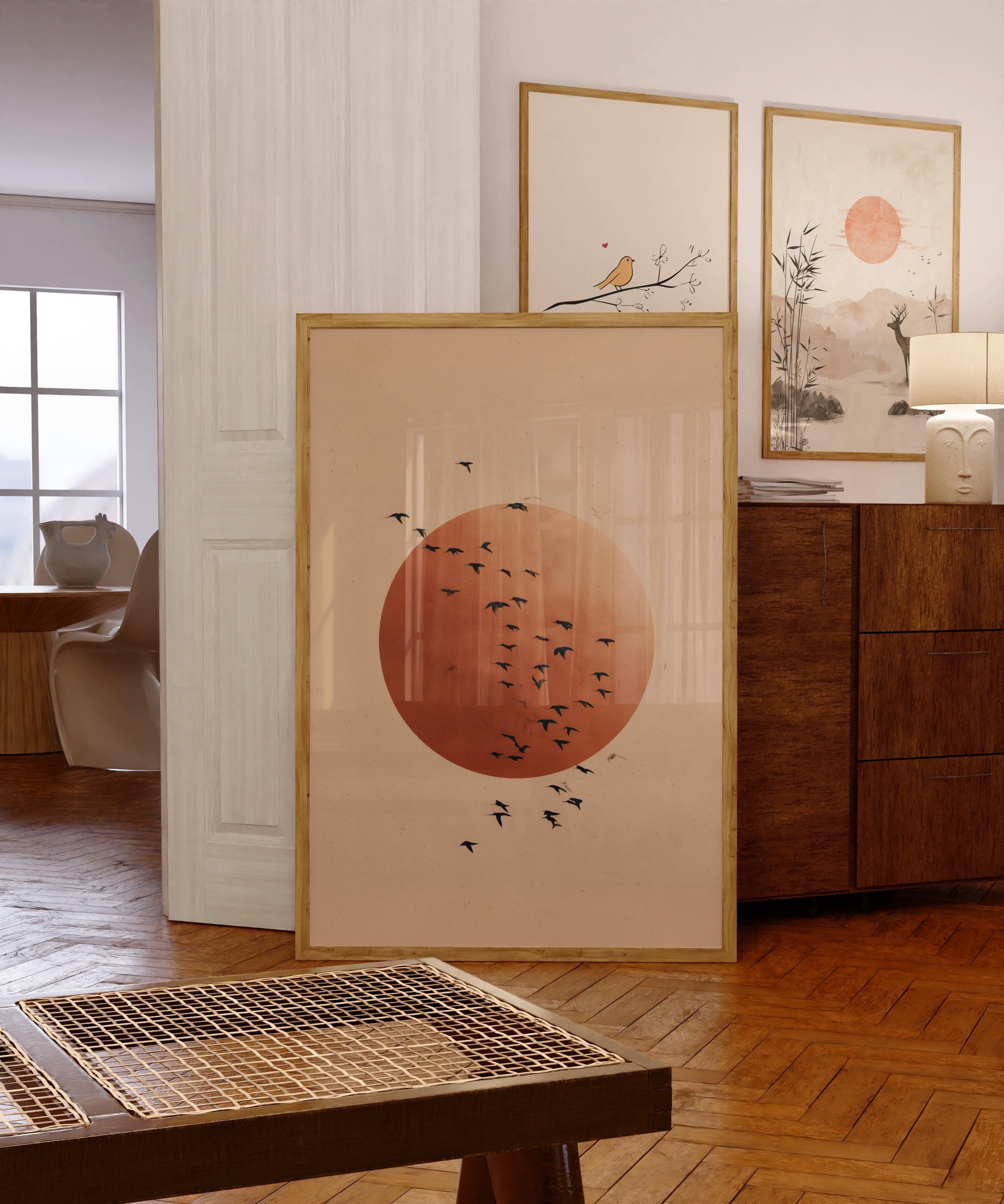 Japandi Minimalist Wall Art | Beige Sun and Flying Birds Print | Modern Zen Nature Poster, Printable Wall Art, Scandinavian Minimalist Print
