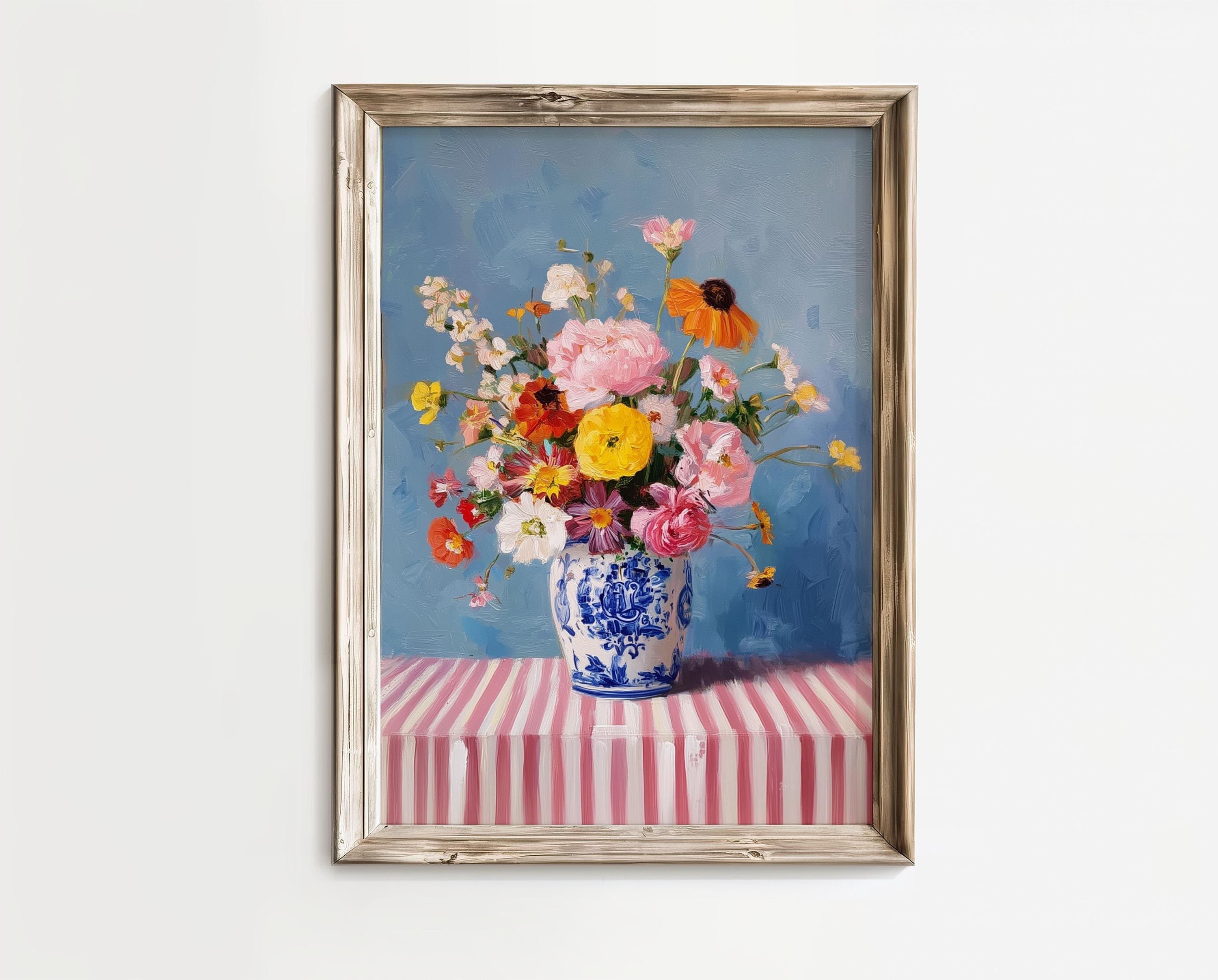 Floral Wall Art Still Life – Colorful Bouquet in Blue Vase, Pastel Kitchen Decor, Colorful Floral Oil Painting, Flower Oil Painting