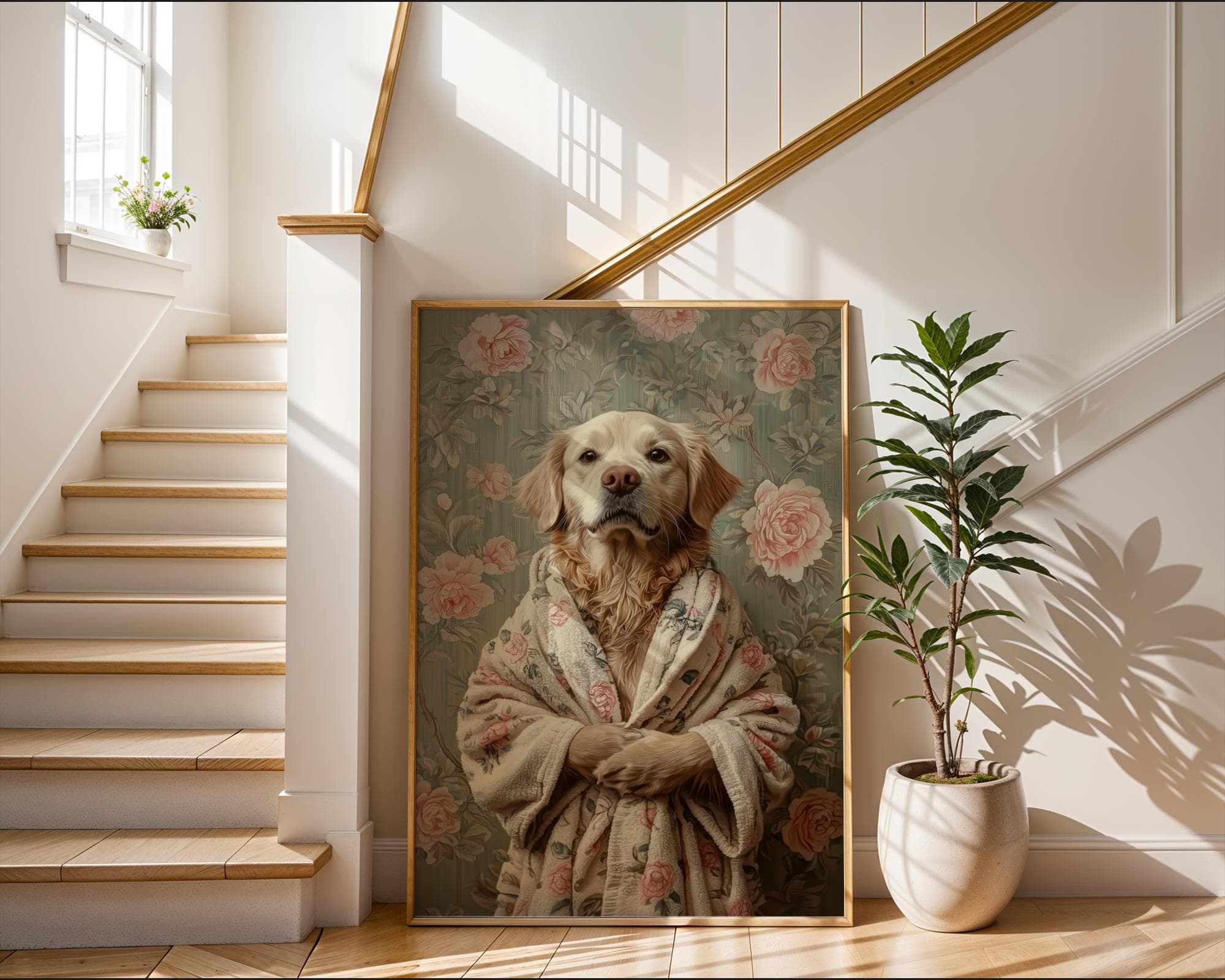 Golden Retriever in Bathrobe DIGITAL DOWNLOAD, Dog Printable Wall Art, Floral Dog Print, Funny Pet Decor, Dog Lover Gift, Retro Dog Poster - view 3