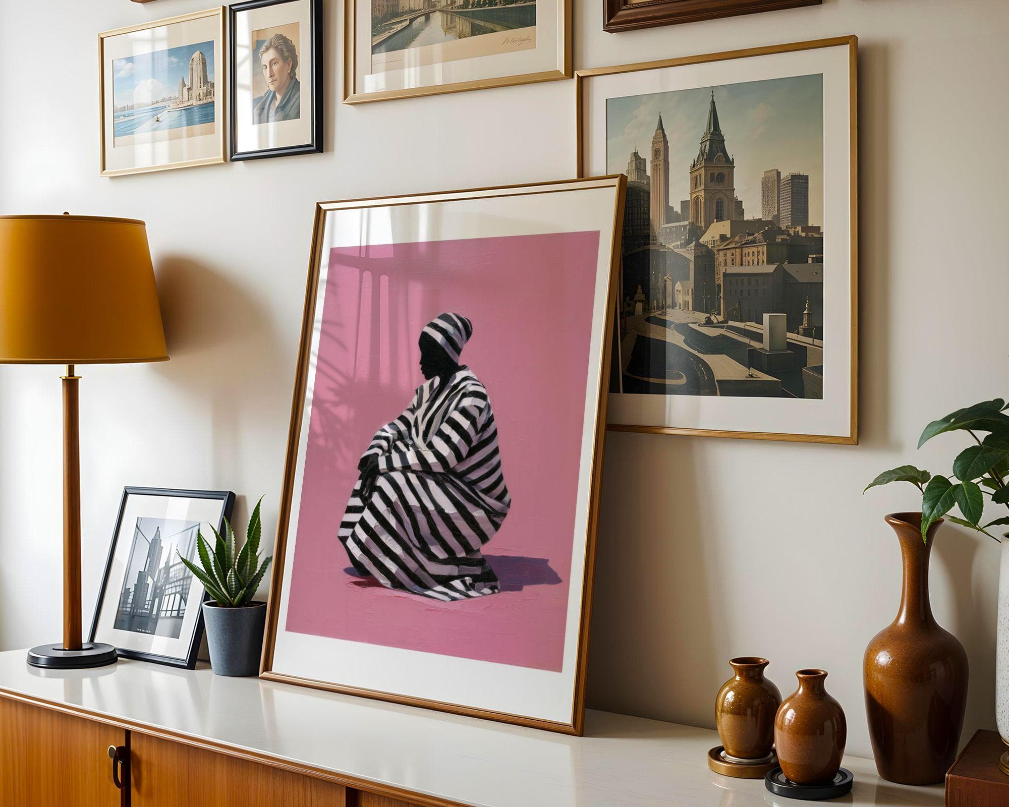 Pink Wall Art Print, Striped Dress Woman Silhouette, Modern Fashion Decor, Bedroom Living Room, Modern Woman Wall Art, Pink Background Print - view 3