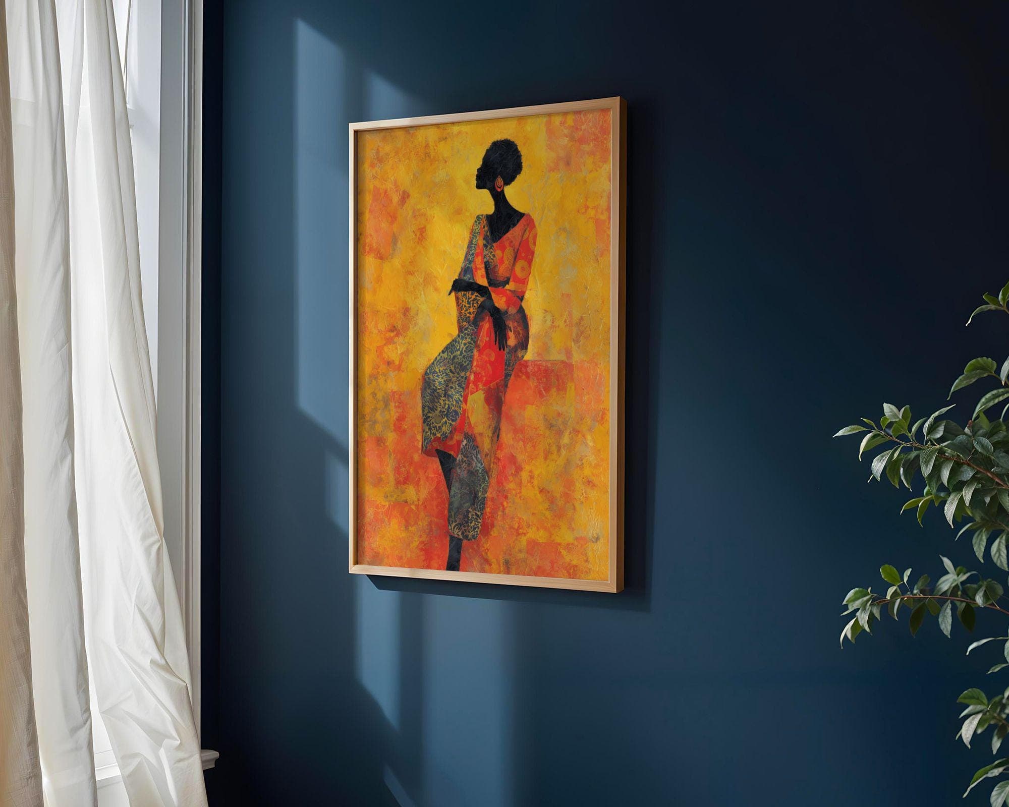 Afrocentric Wall Decor, Modern African Woman Art, Abstract African Portrait, Yellow Orange Wall Art, Mustard Yellow Wall Art, Black Woman - view 2