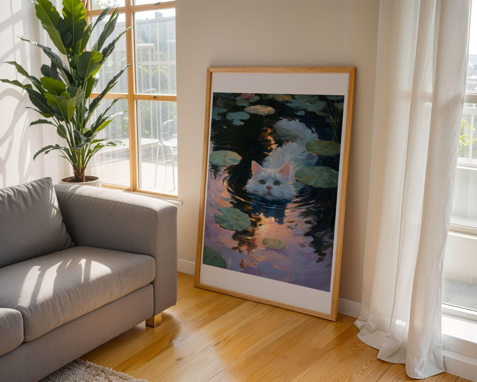 White Cat in Lily Pond, White Cat Painting, Dreamy Pond Wall Art, Bathroom Wall Art, Whimsical Cat Poster, Cottagecore Cat Art, White Cat - view 4