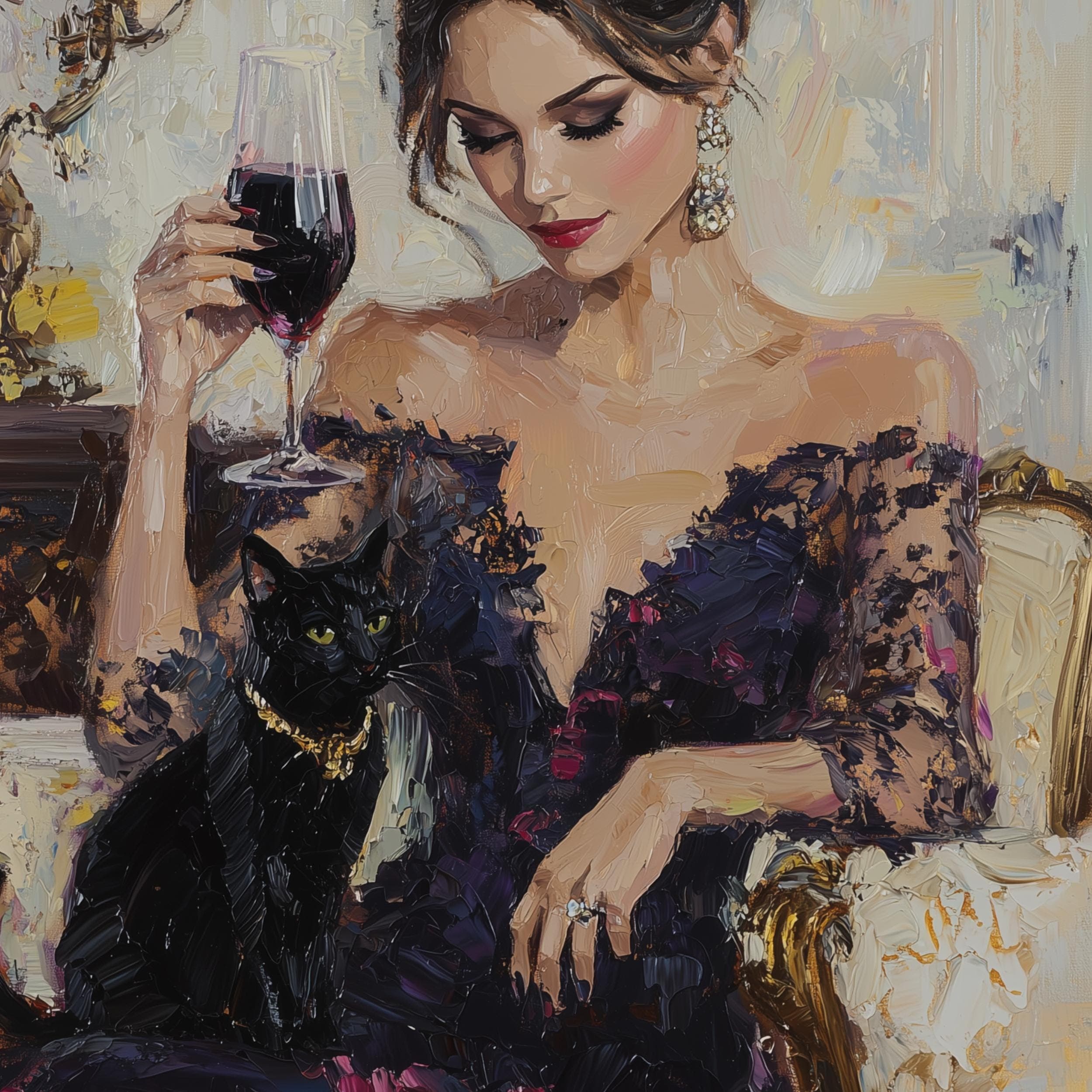Classic Cat and Woman Art, Oil Painting Digital Art, Chic Lady with Black Cat Art, Vintage Glam Wall Art, Decorative Wall Art, Wine Poster - view 2