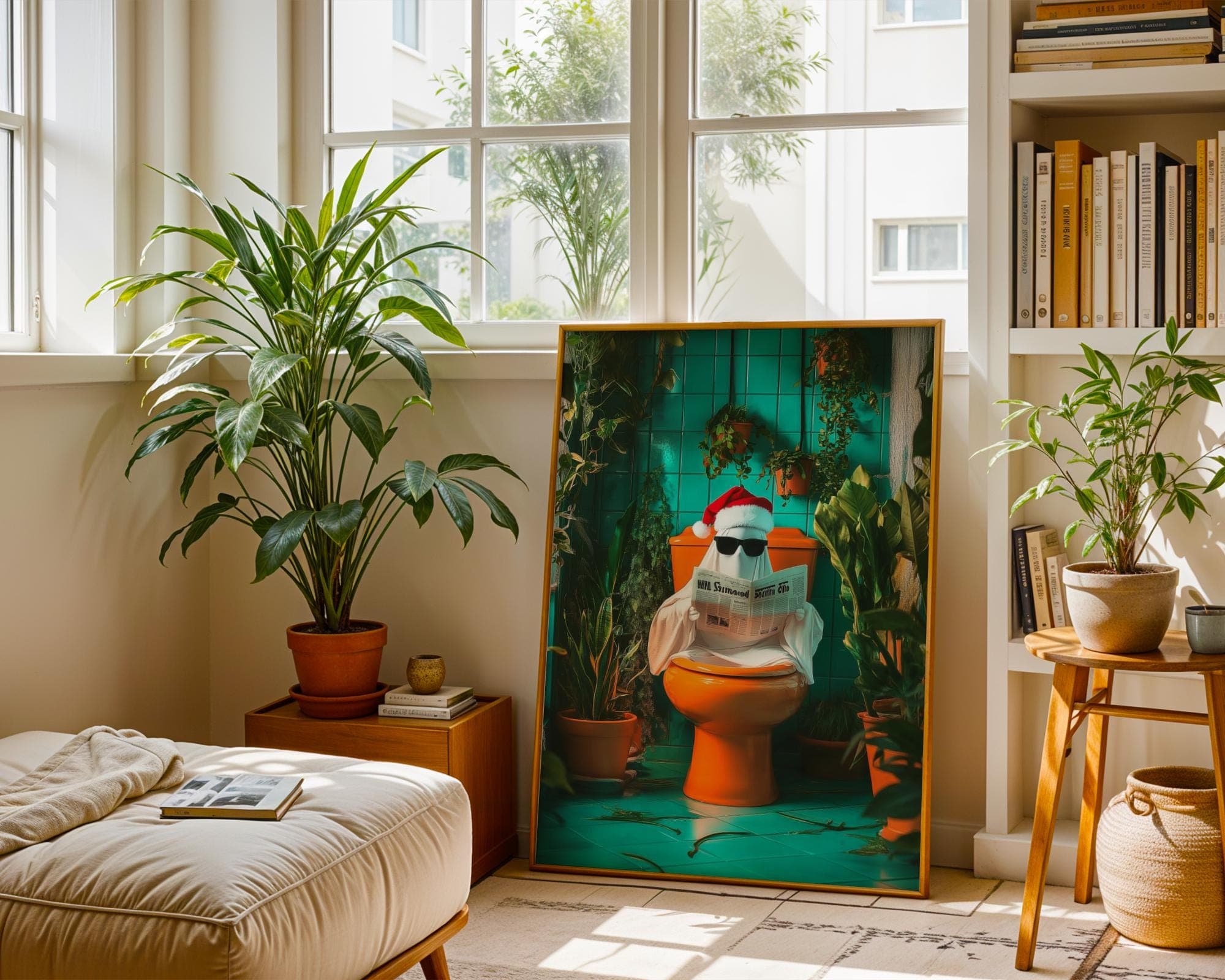 Funny Ghost Bathroom Art, Funny Ghost on Toilet, Funny Bathroom Decor, Retro Orange Toilet Art - Funky Bathroom Decor, Quirky Toilet Print - view 4