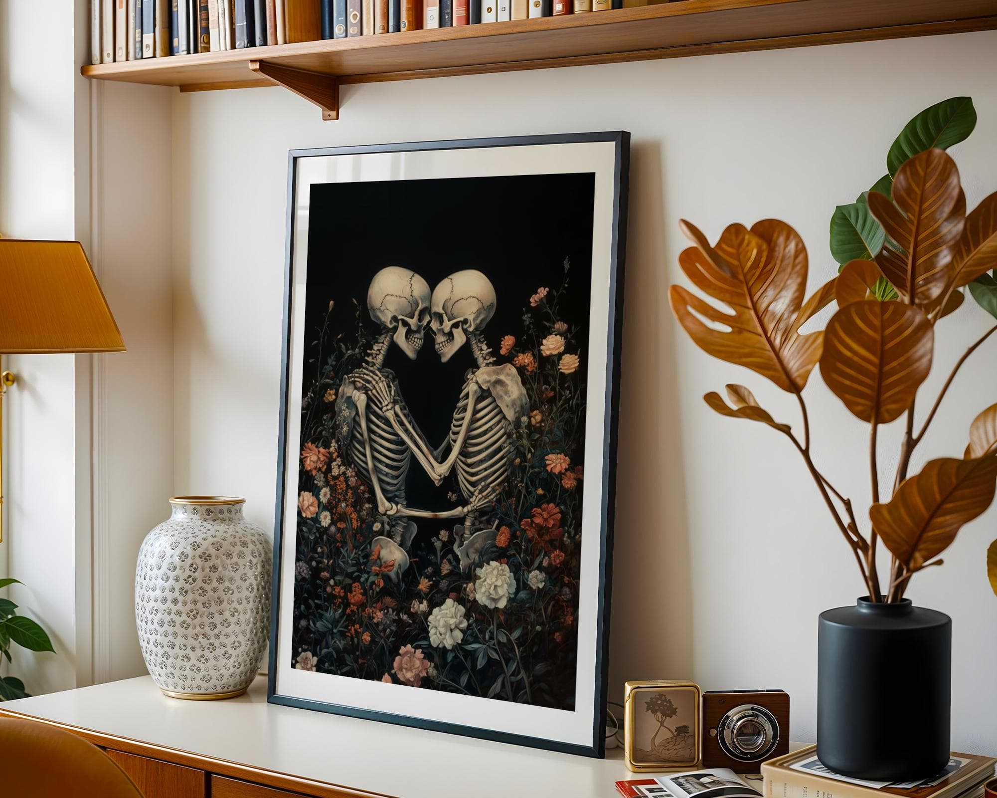 Floral Skeleton Embrace Print – Gothic Love Wall Art, Skeleton Couple Wall Art, Vintage Floral Gothic Romance Print, Floral Skeleton Poster - view 5