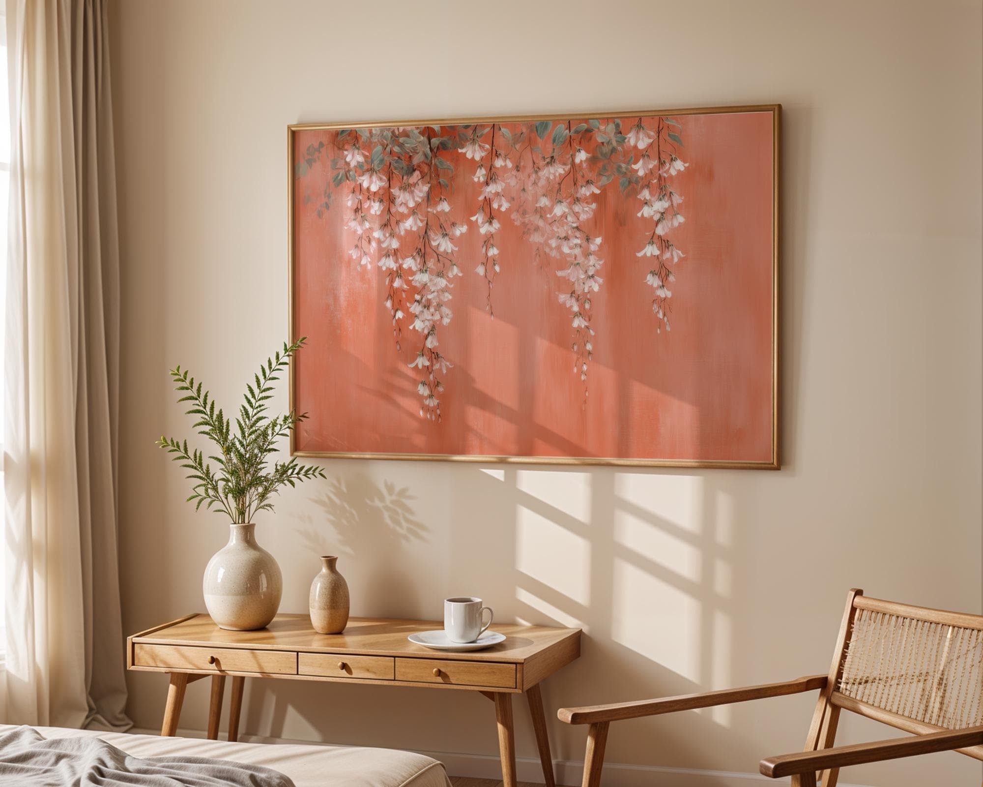 Cascading Floral Wall Art Print in Peach Tones | Romantic Botanical Hanging Flower Digital Poster, Cottagecore Floral Art Print, Floral Art - view 2