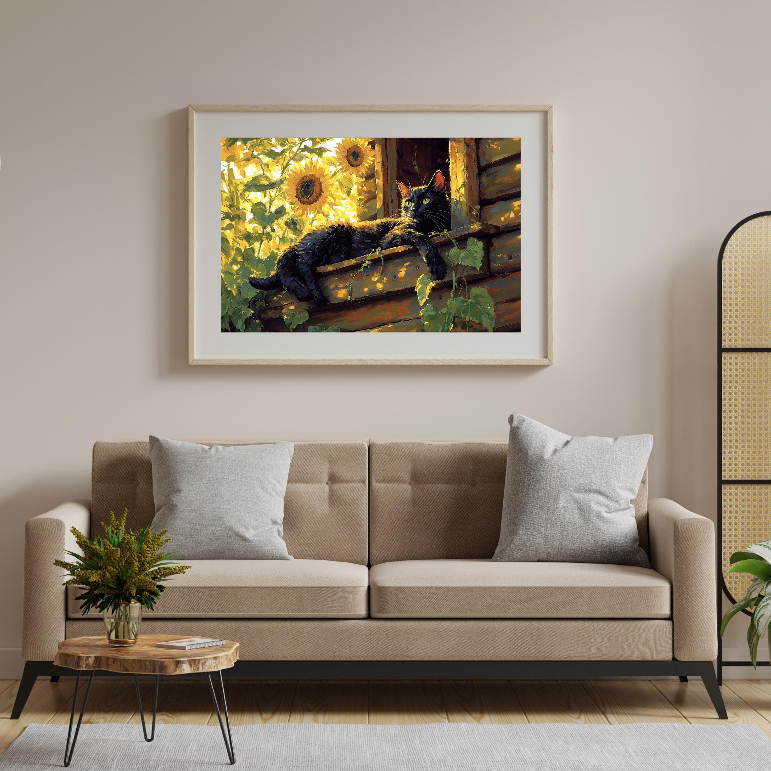 Black Cat and Sunflowers Wall Art, Rustic Wall Decor, Warm Nature Print, Whimsical Black Cat with Sunflowers, Calming Black Cat Poster - view 4
