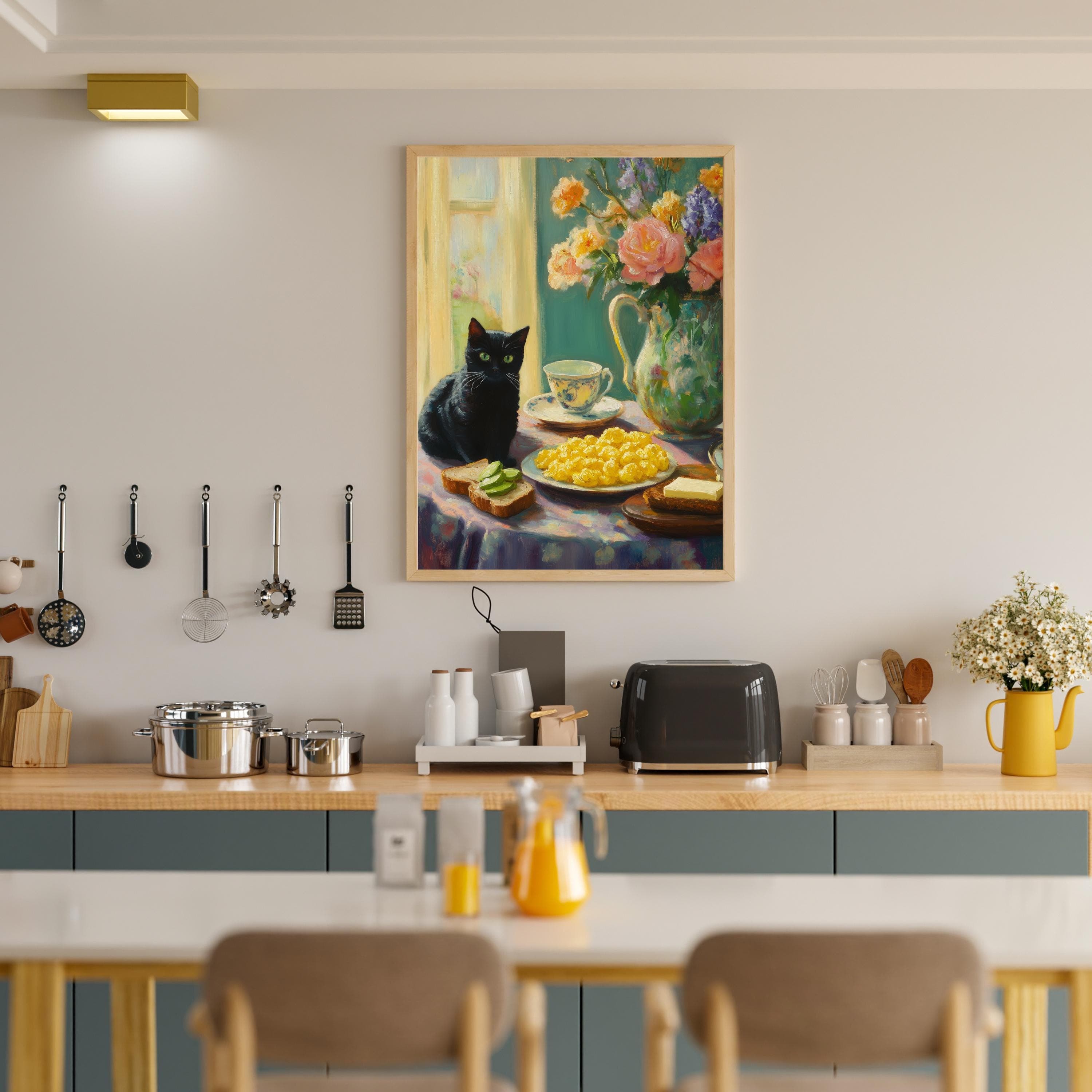 Vintage Kitchen Art, Black Cat Oil Painting, Maximalist Kitchen Decor, Quirky Black Cat Art, Digital Printable Arts, Kitchen Black Cat Decor - view 4