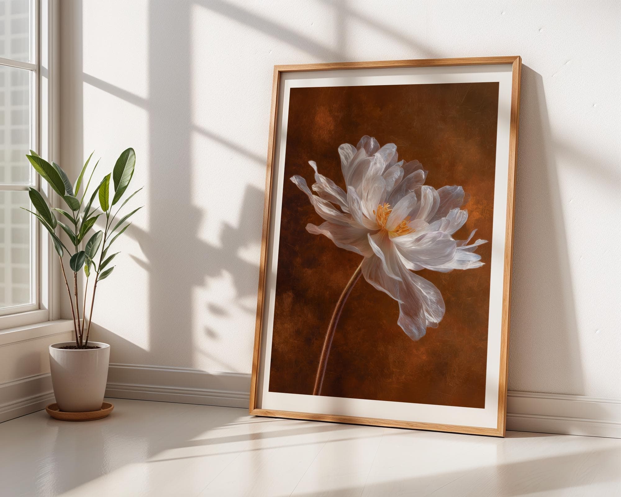 White Peony Flower Wall Art Botanical Painting Print on Burnt Orange Background, White Peony Wall Art, Peony Bloom Art, Botanical Art Print - view 6