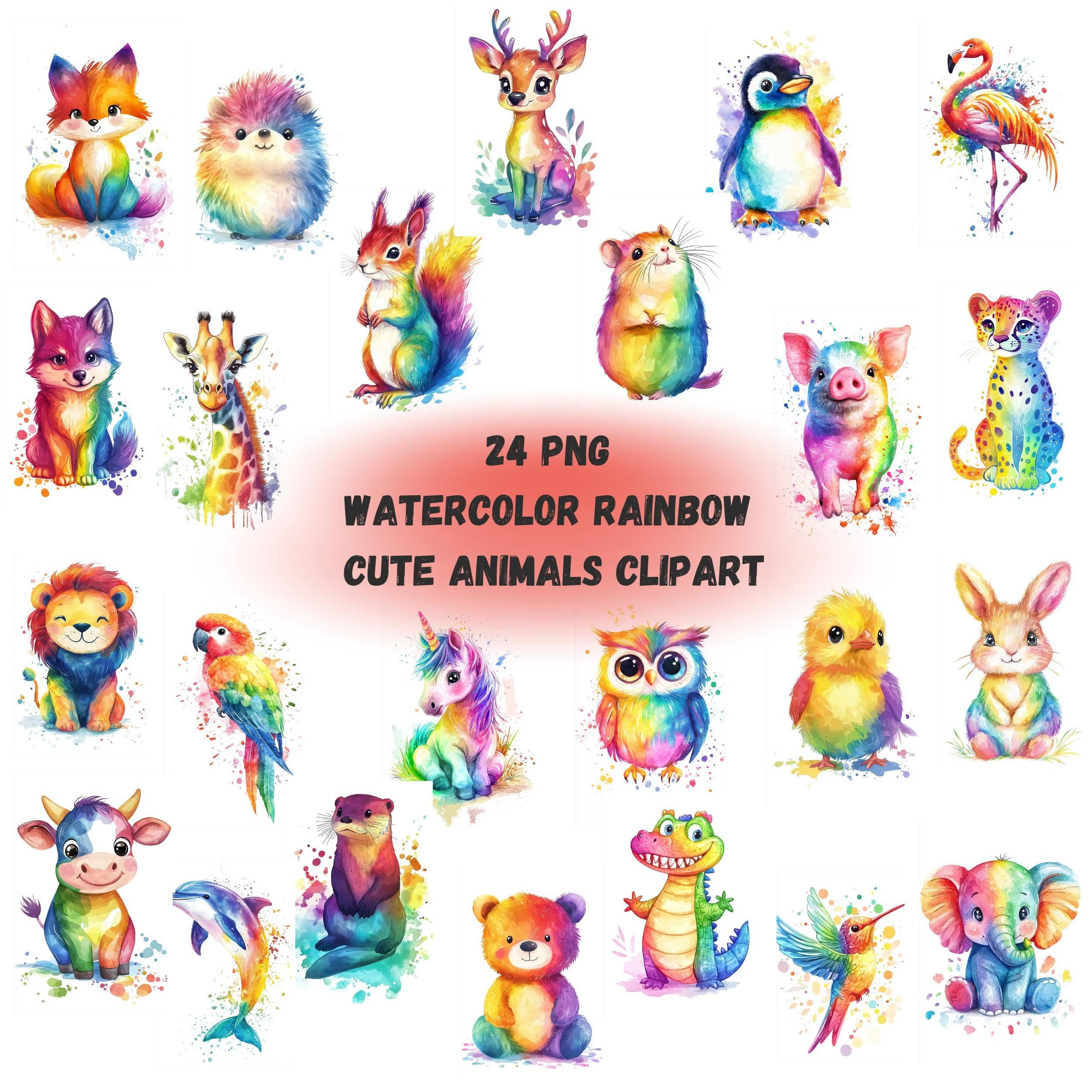 Watercolor Rainbow Animals Clipart, Colorful Animals Design, Cute Animals PNG, Safari Animals PNG, Commercial Use, Colorful Cute Animals