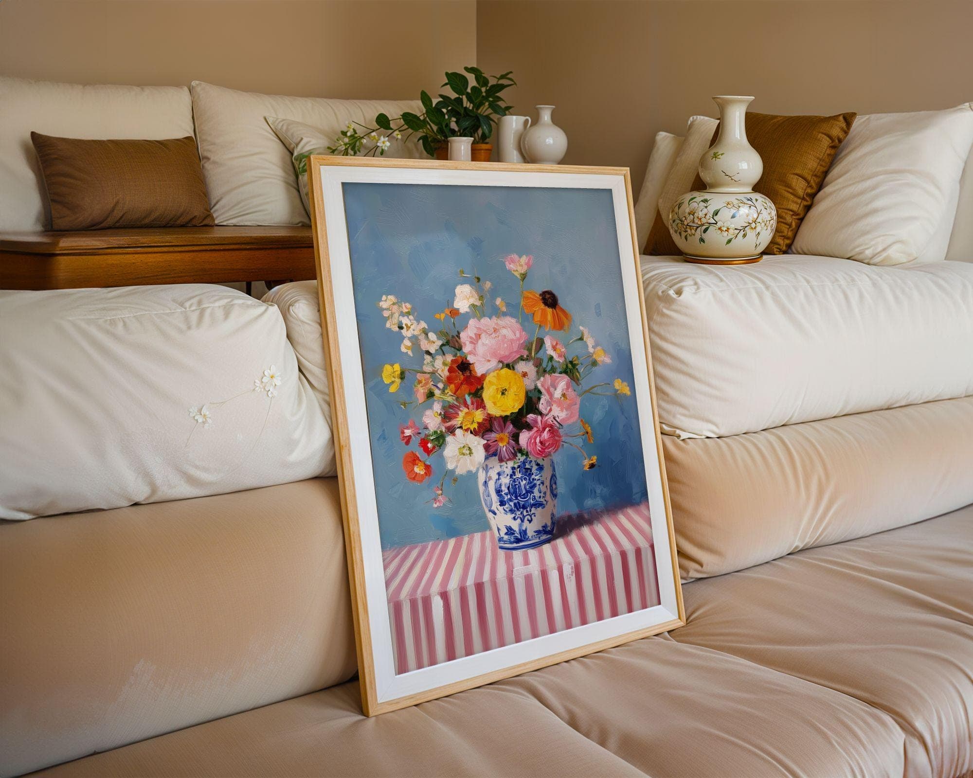 Floral Wall Art Still Life – Colorful Bouquet in Blue Vase, Pastel Kitchen Decor, Colorful Floral Oil Painting, Flower Oil Painting - view 8